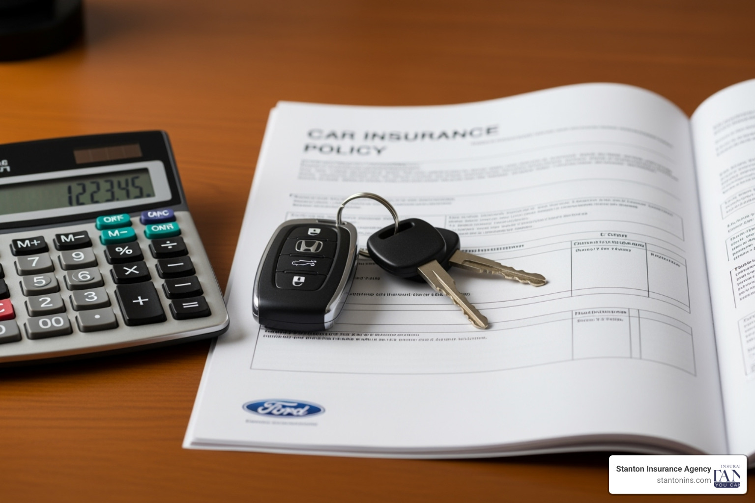 image of a calculator, car keys, and an insurance policy document on a desk - car liability coverage cost