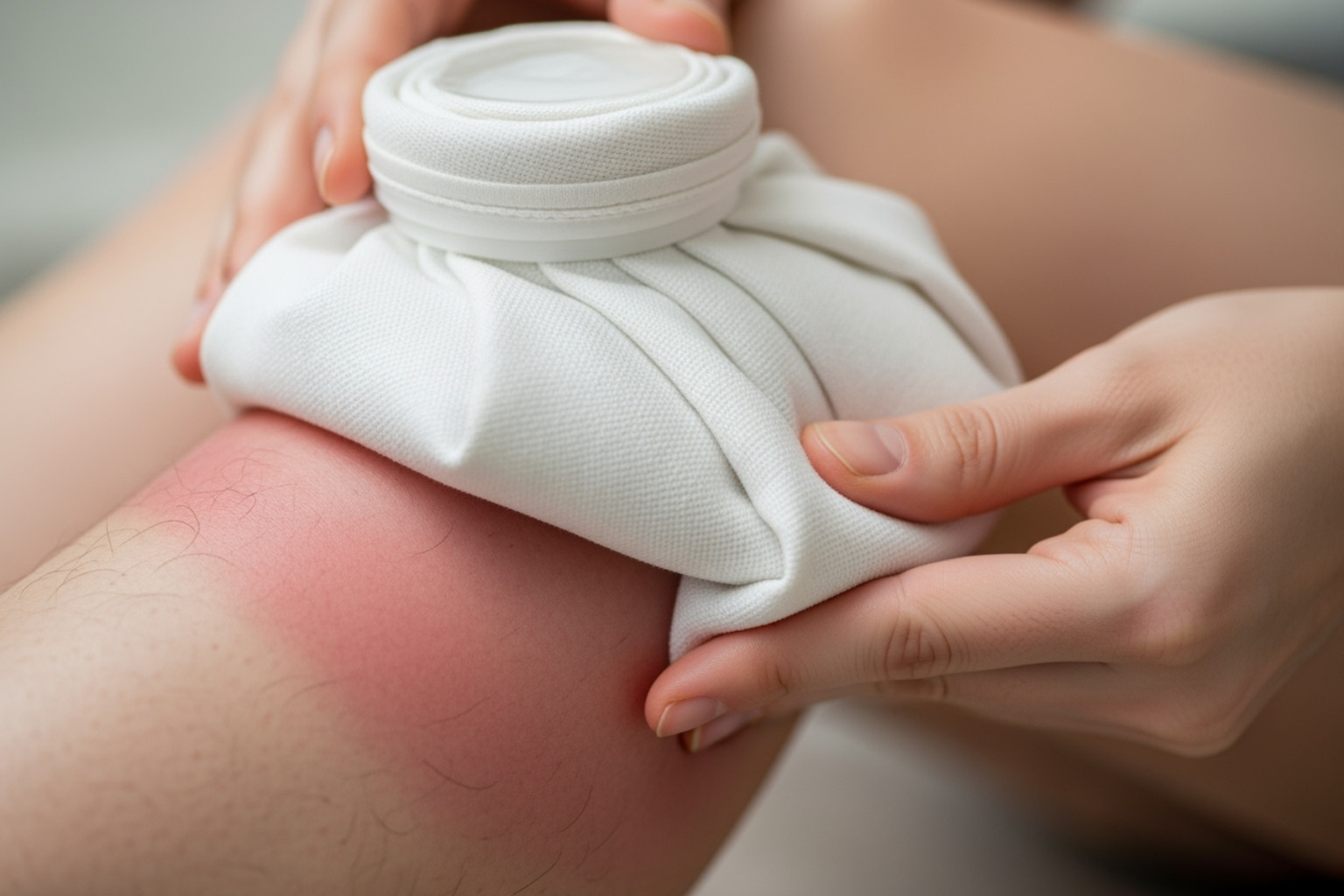 A close-up image of a person applying an ice pack wrapped in a cloth to their calf muscle, which appears slightly swollen - pulled muscle remedy A close-up image of a person applying an ice pack wrapped in a cloth to their calf muscle, which appears slightly swollen - pulled muscle remedy