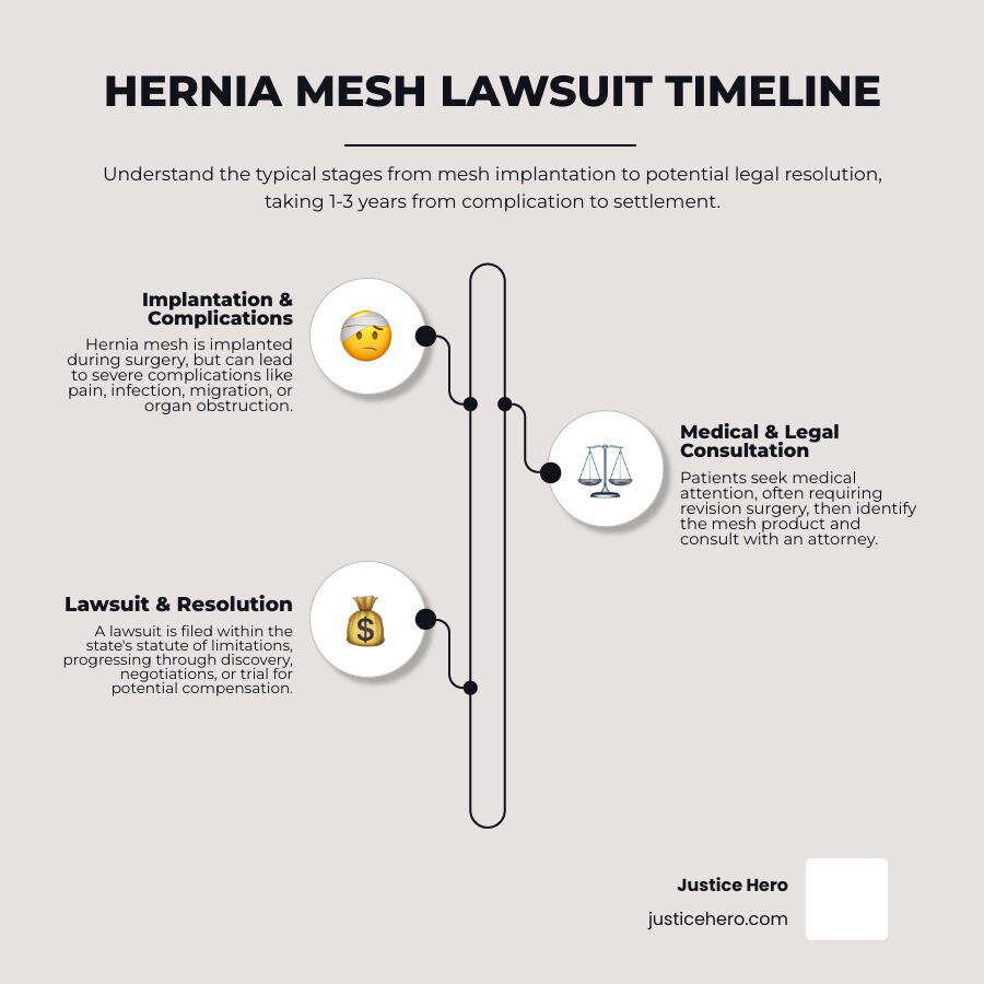 Infographic showing the hernia mesh lawsuit timeline: Step 1 - Hernia mesh implanted during repair surgery; Step 2 - Complications develop (months to years later) including pain, infection, migration, or obstruction; Step 3 - Patient seeks medical attention and requires revision surgery; Step 4 - Patient identifies mesh manufacturer and consults attorney; Step 5 - Lawsuit filed (must be within state statute of limitations); Step 6 - Case proceeds through discovery, potential settlement negotiations, or trial; Average timeline from complication to settlement: 1-3 years - hernia mesh surgery lawsuit infographic infographic-line-3-steps-elegant_beige Infographic showing the hernia mesh lawsuit timeline: Step 1 - Hernia mesh implanted during repair surgery; Step 2 - Complications develop (months to years later) including pain, infection, migration, or obstruction; Step 3 - Patient seeks medical attention and requires revision surgery; Step 4 - Patient identifies mesh manufacturer and consults attorney; Step 5 - Lawsuit filed (must be within state statute of limitations); Step 6 - Case proceeds through discovery, potential settlement negotiations, or trial; Average timeline from complication to settlement: 1-3 years - hernia mesh surgery lawsuit infographic infographic-line-3-steps-elegant_beige