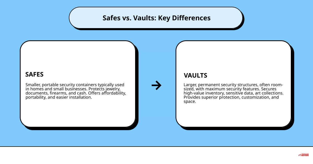 infographic showing side-by-side comparison of safes versus vaults including size, portability, installation, security level, cost range, and typical use cases for residential and commercial applications - Safes and vaults infographic cause_effect_text