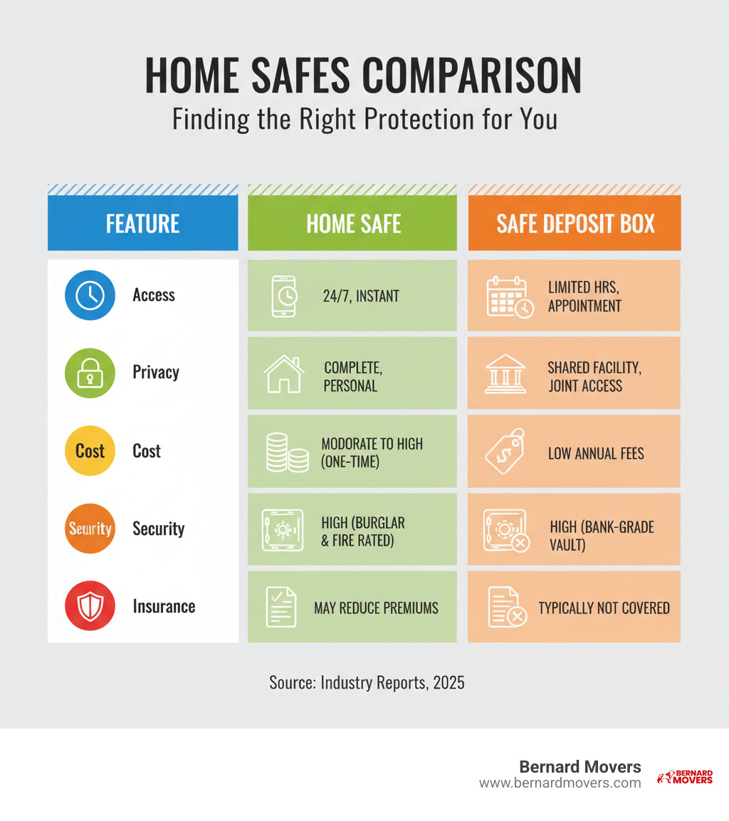 table comparing different types of home safes on factors like Access, Privacy, Cost, Security, and Insurance - Safes and vaults infographic 