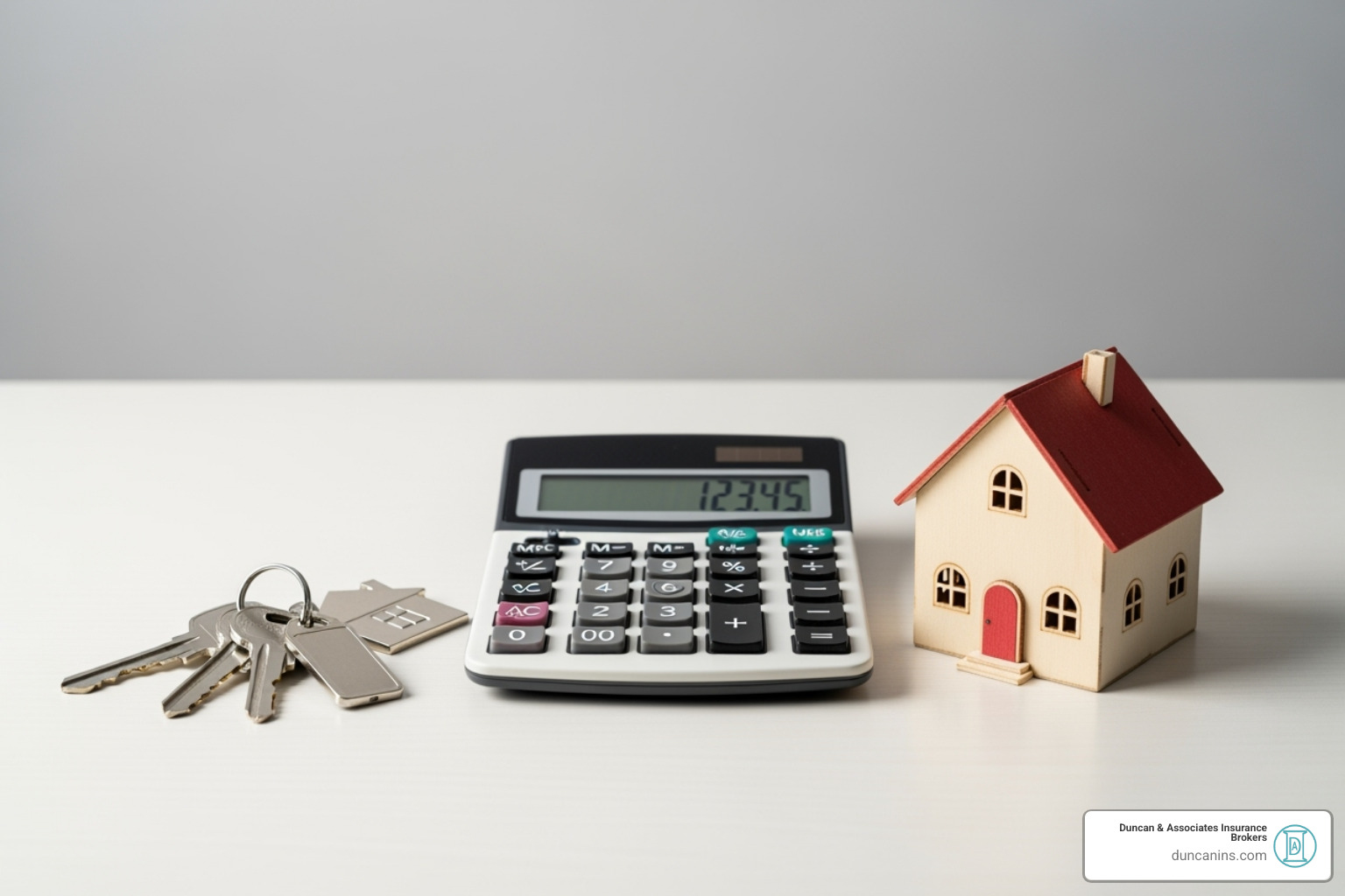 Image of a calculator next to a set of house keys and a mini-house model - buy to let insurance broker