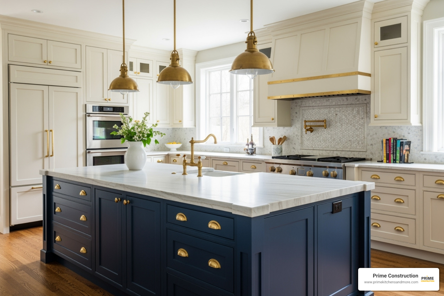 cream kitchen with bold navy blue island and brass hardware - classic cream kitchen