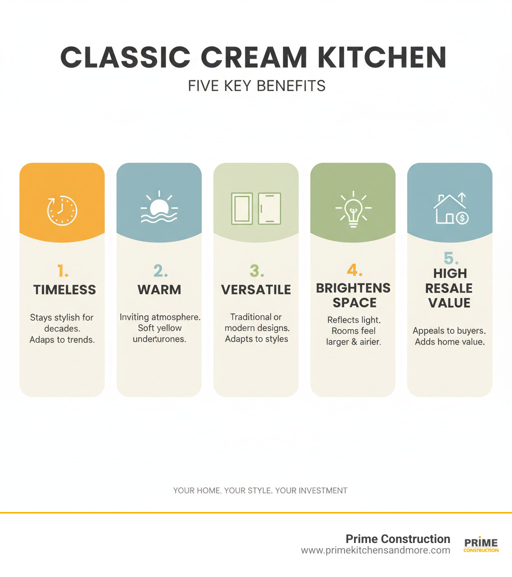 Infographic showing the five key benefits of a classic cream kitchen: 1. Timeless - stays stylish for decades and adapts to trends, 2. Warm - creates an inviting atmosphere with soft yellow undertones, 3. Versatile - works with traditional Shaker cabinets or modern slab doors, 4. Brightens Space - reflects light to make rooms feel larger and airier, 5. High Resale Value - appeals to buyers and adds value to your home - classic cream kitchen infographic 
