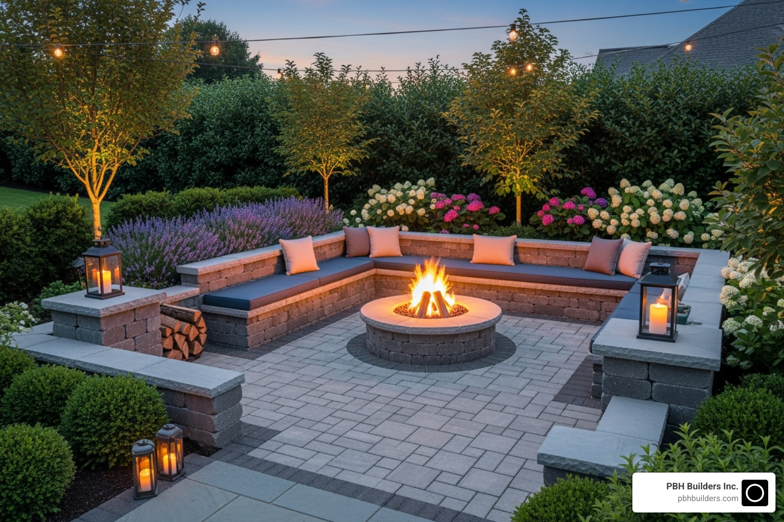 Beautifully designed backyard hardscape fire pit area - San Diego fire pit