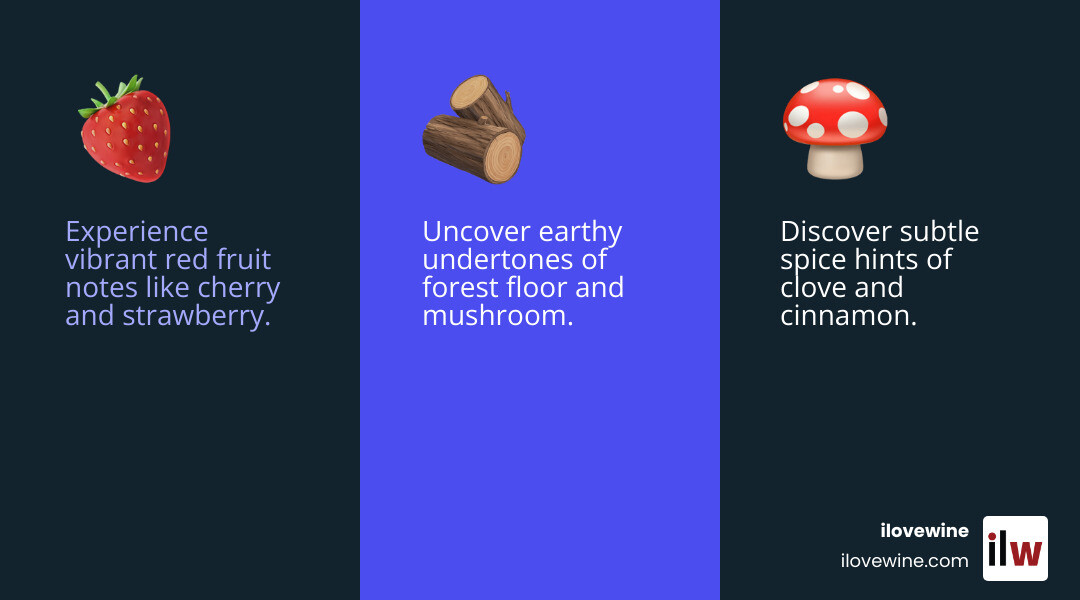 Infographic showing Pinot Noir flavor spectrum from bright red fruits like cherry and strawberry on one end, through spice notes like clove and cinnamon in the middle, to earthy undertones like forest floor and mushroom on the other end, with a visual representation of light body and gentle tannins - best pinot noir under $20 infographic 3_facts_emoji_blue