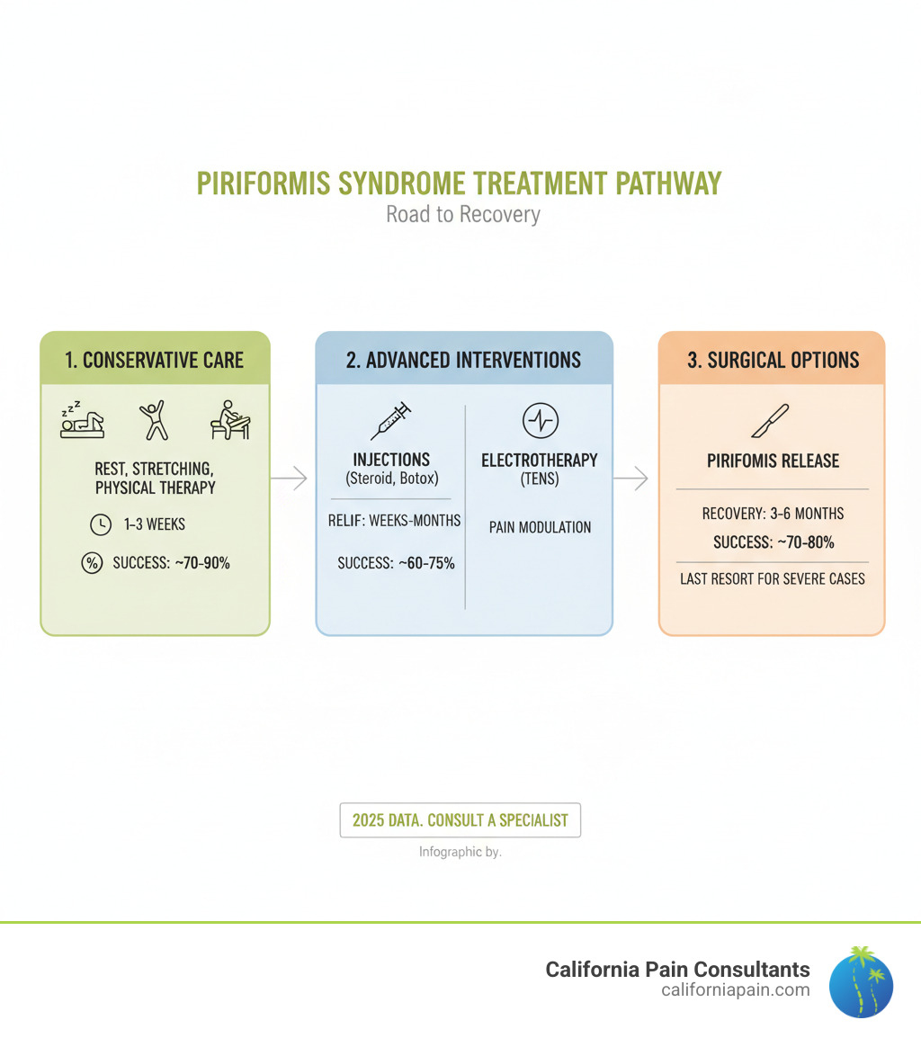 Comprehensive treatment pathway for piriformis syndrome showing progression from conservative care (rest, stretching, physical therapy) to advanced interventions (injections, electrotherapy) to surgical options, with typical recovery timelines and success rates at each stage - Piriformis syndrome treatment infographic 