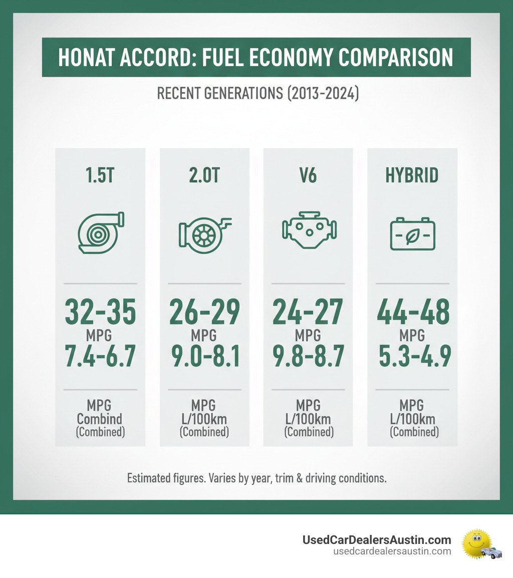 comparing fuel economy (MPG/L/100km) for different Accord engines (1.5T, 2.0T, V6, Hybrid) across recent generations. - buy second hand honda accord infographic