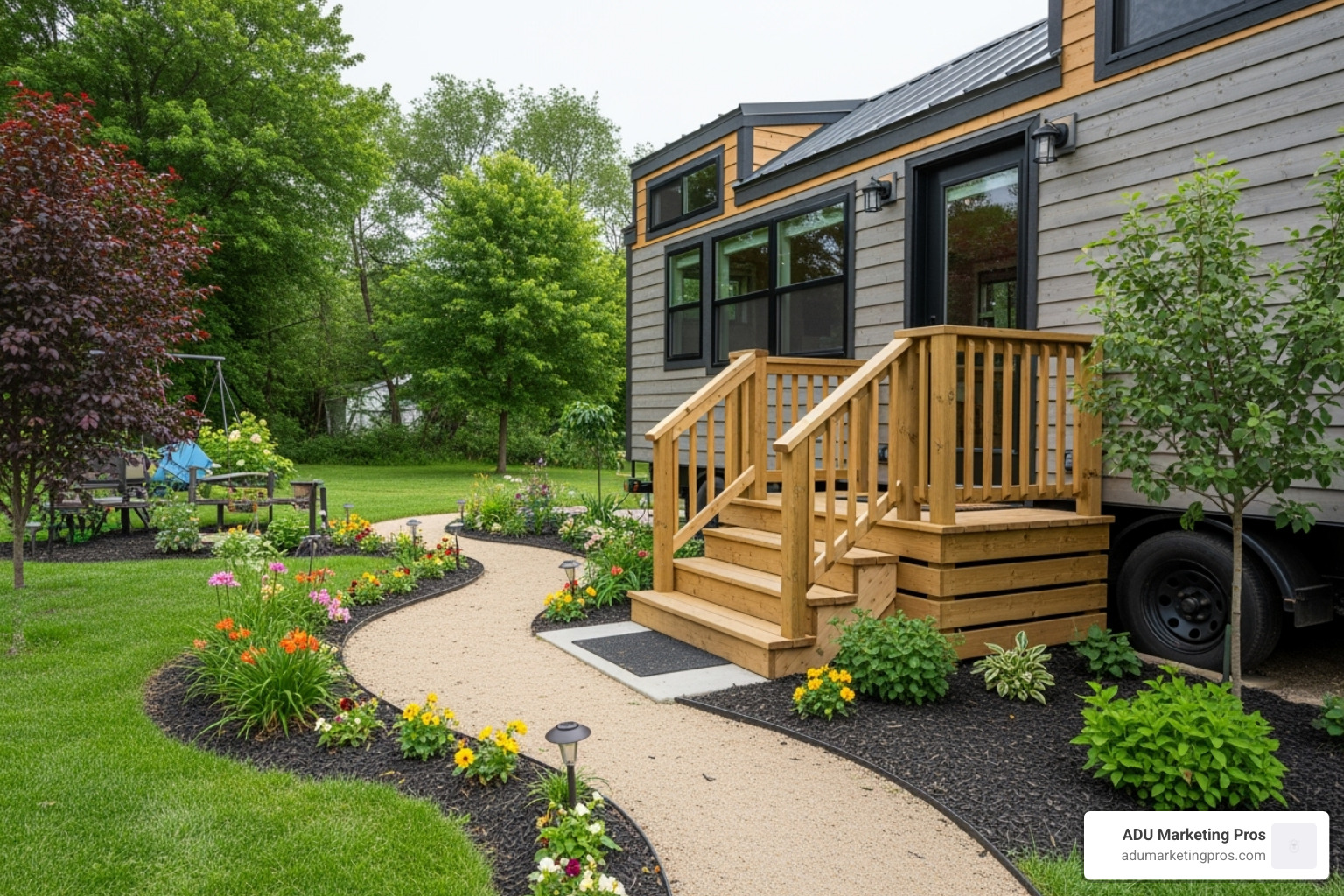 Jewel Pearson's stylish tiny home on wheels, featuring a welcoming porch and garden path. - home small home Jewel Pearson's stylish tiny home on wheels, featuring a welcoming porch and garden path. - home small home