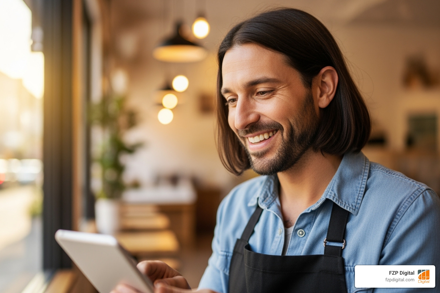 Friendly business owner checking reviews - local business reputation Friendly business owner checking reviews - local business reputation