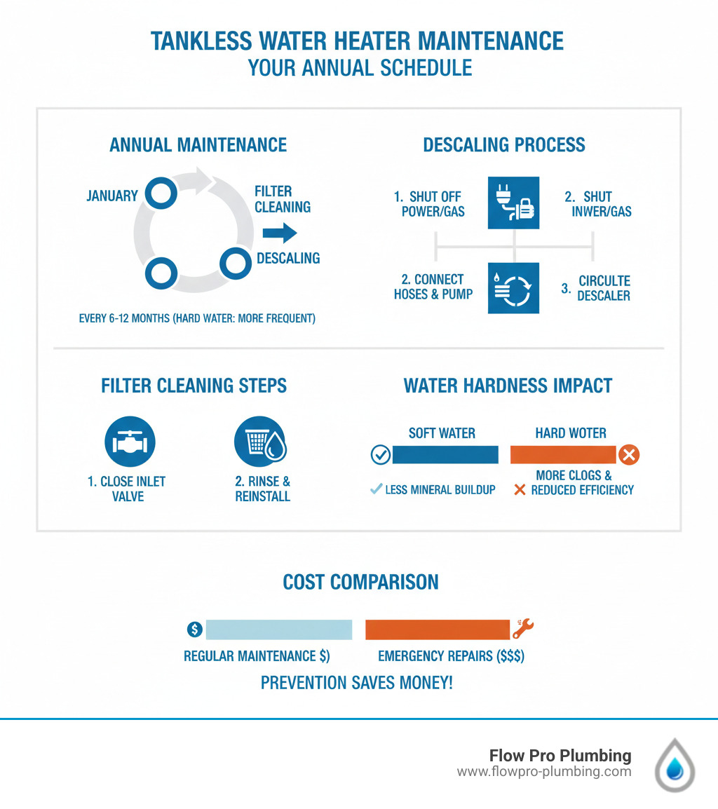 infographic showing annual maintenance schedule with descaling process, filter cleaning steps, water hardness impact chart, and cost comparison of regular maintenance versus emergency repairs - tankless water heater maintenance infographic infographic showing annual maintenance schedule with descaling process, filter cleaning steps, water hardness impact chart, and cost comparison of regular maintenance versus emergency repairs - tankless water heater maintenance infographic