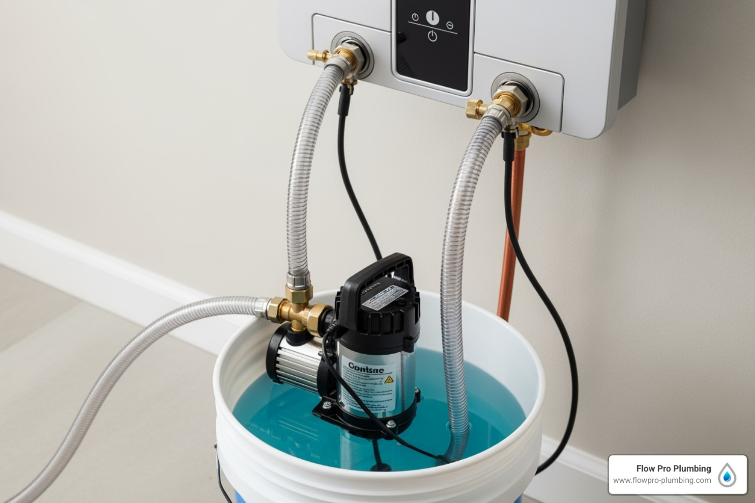 descaling process setup with pump, bucket, and hoses - tankless water heater maintenance descaling process setup with pump, bucket, and hoses - tankless water heater maintenance