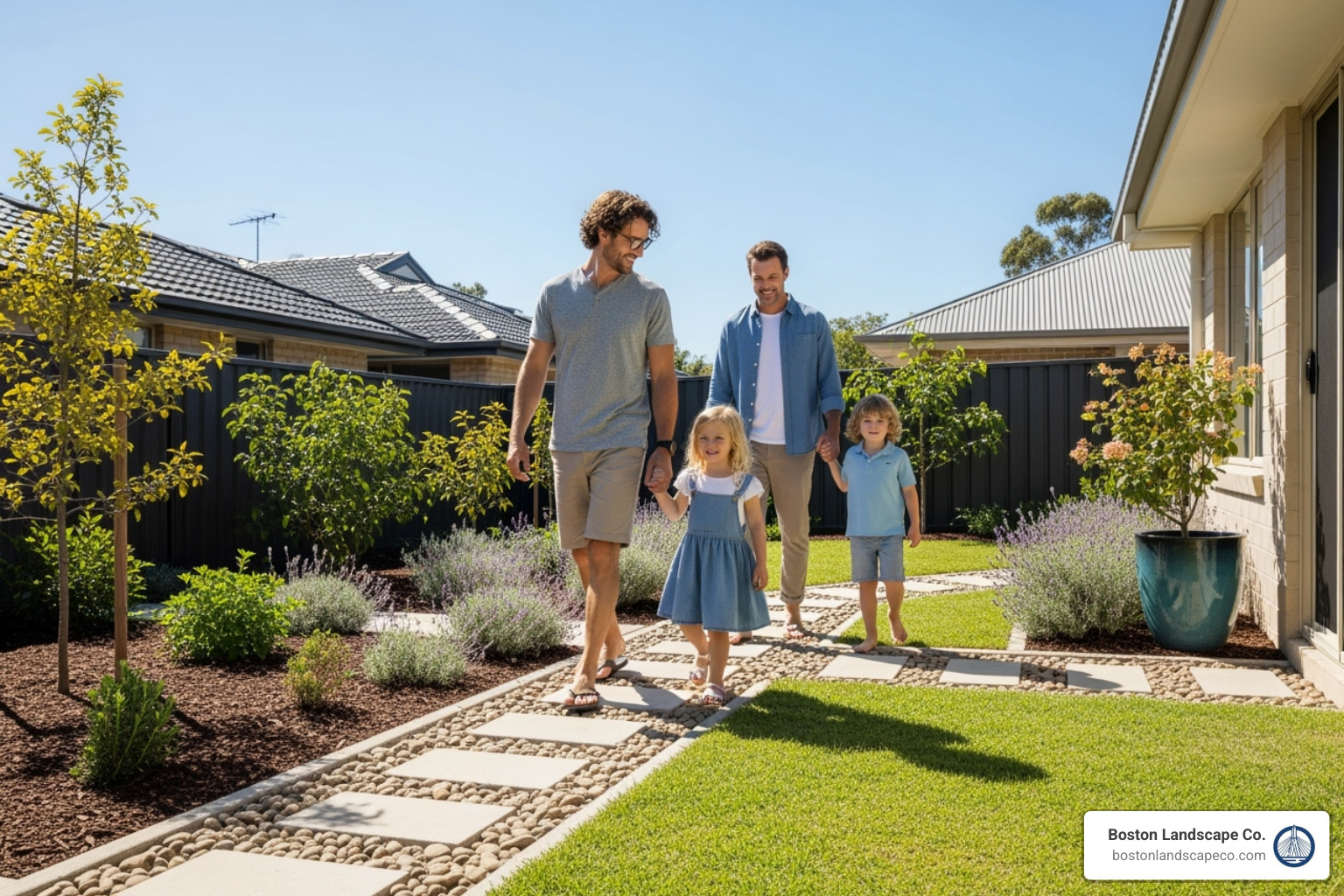 family enjoying their beautiful, dry backyard with a well-drained walkway - Walkway drainage solutions family enjoying their beautiful, dry backyard with a well-drained walkway - Walkway drainage solutions