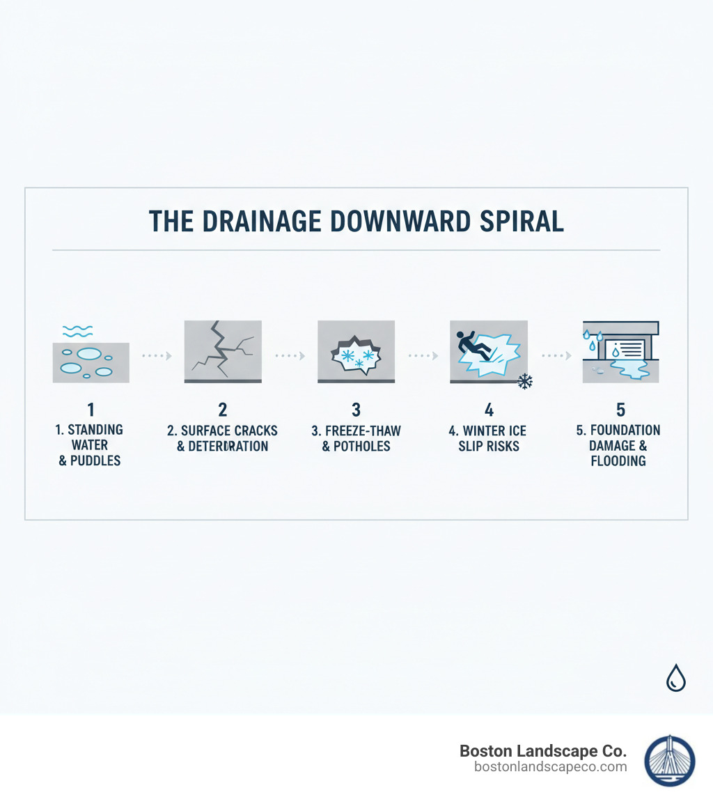 Infographic showing the progression of walkway damage from poor drainage: starting with standing water and puddles, leading to surface cracks and deterioration, then freeze-thaw expansion creating potholes, winter ice hazards causing slip risks, and finally water seeping to foundations causing structural damage and basement flooding - Walkway drainage solutions infographic Infographic showing the progression of walkway damage from poor drainage: starting with standing water and puddles, leading to surface cracks and deterioration, then freeze-thaw expansion creating potholes, winter ice hazards causing slip risks, and finally water seeping to foundations causing structural damage and basement flooding - Walkway drainage solutions infographic