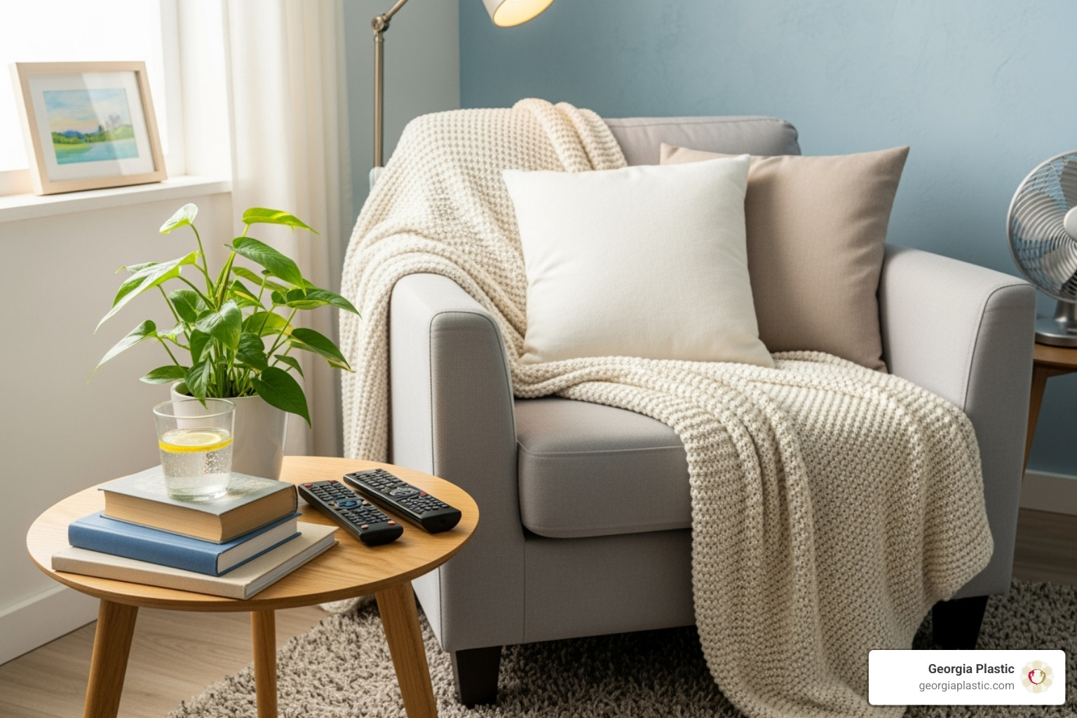 A cozy and well-organized home recovery space with soft blankets, pillows, a side table with water, books, and remote controls, emphasizing comfort and accessibility - benefits of mommy makeover A cozy and well-organized home recovery space with soft blankets, pillows, a side table with water, books, and remote controls, emphasizing comfort and accessibility - benefits of mommy makeover