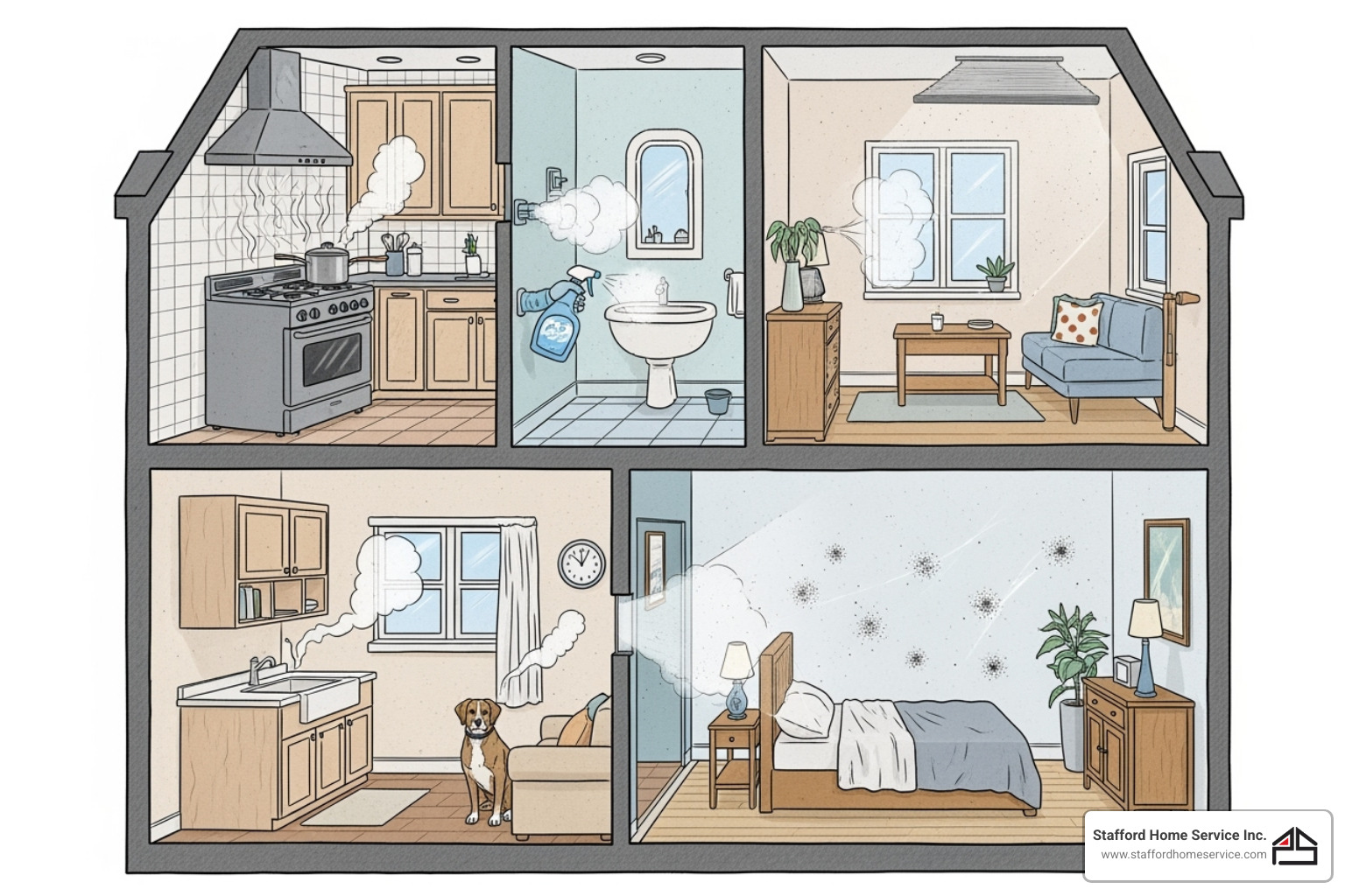 a cutaway house showing various pollution sources like cooking fumes from a gas range, cleaning sprays in a bathroom, pet dander from a dog, dust in a living room, and off-gassing from new furniture - indoor air quality