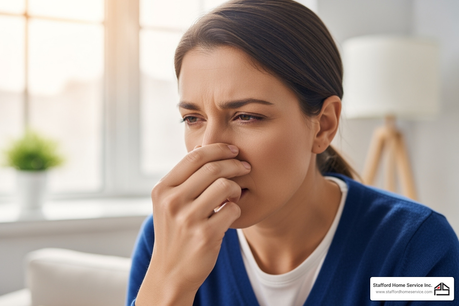 a person experiencing allergy symptoms like sneezing, rubbing their nose, with blurred vision, indicating discomfort from airborne irritants - indoor air quality