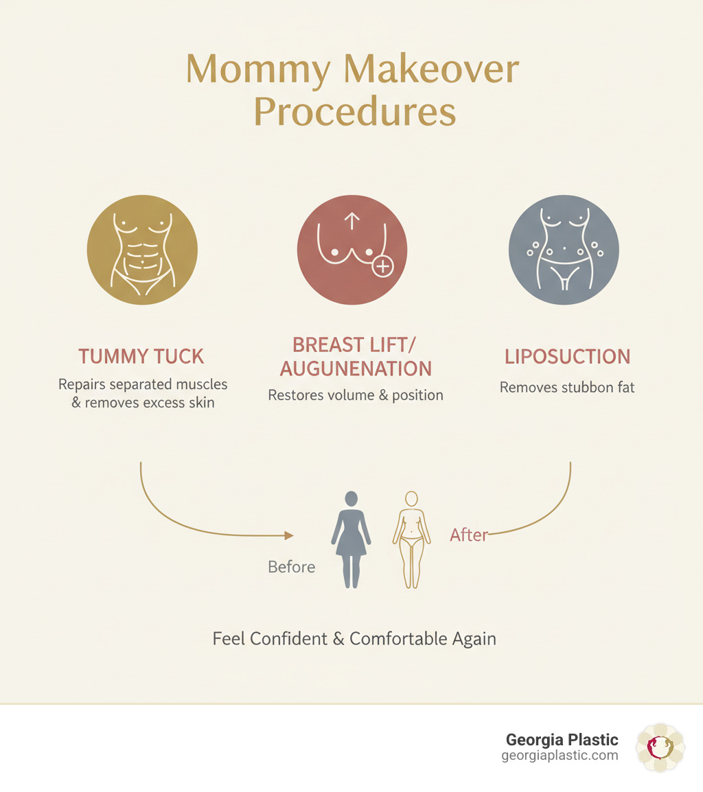 Infographic showing the most common mommy makeover procedures: tummy tuck to repair separated abdominal muscles and remove excess skin, breast lift or augmentation to restore volume and position, and liposuction to remove stubborn fat deposits from areas like the abdomen, flanks, and thighs - benefits of mommy makeover infographic Infographic showing the most common mommy makeover procedures: tummy tuck to repair separated abdominal muscles and remove excess skin, breast lift or augmentation to restore volume and position, and liposuction to remove stubborn fat deposits from areas like the abdomen, flanks, and thighs - benefits of mommy makeover infographic
