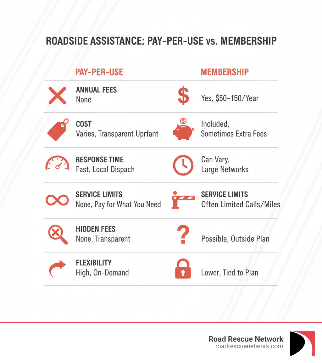 Table comparing Road Rescue Network Pay-Per-Use vs. Membership Model: Row 1: Annual Fees (Pay-Per-Use: None, Membership: Yes, typical $50-$150). Row 2: Cost (Pay-Per-Use: Varies by service, transparent upfront pricing, Membership: Included with annual fee, sometimes extra charges). Row 3: Response Time (Pay-Per-Use: Fast, local dispatch, Membership: Can vary, large networks). Row 4: Service Limits (Pay-Per-Use: None, pay for what you need, Membership: Often limited calls/miles). Row 5: Hidden Fees (Pay-Per-Use: None, transparent, Membership: Possible for services outside plan). Row 6: Flexibility (Pay-Per-Use: High, on-demand, Membership: Lower, tied to plan). - roadside assistance lebanon infographic 