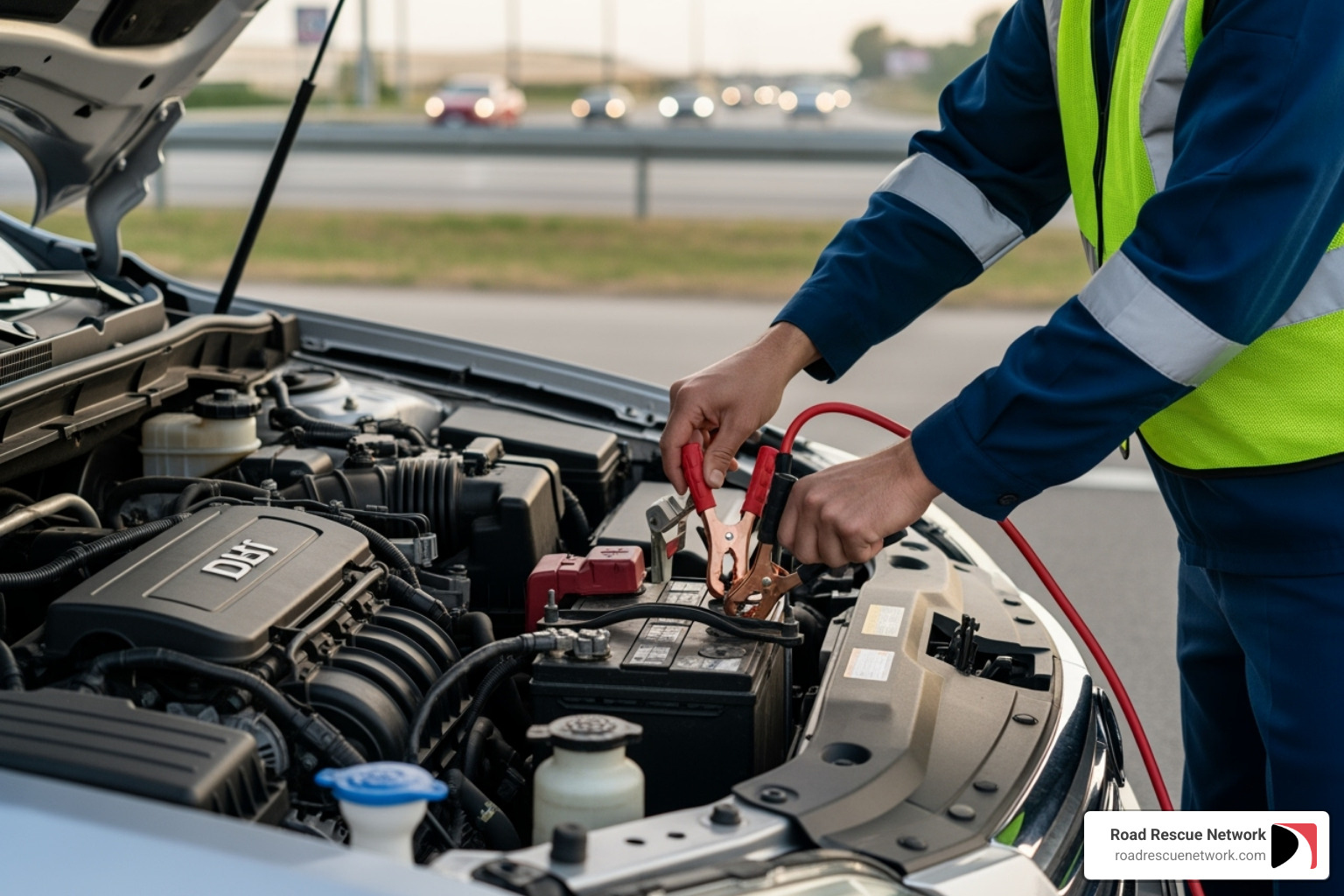 technician performing a jump start on a car - roadside assistance lebanon