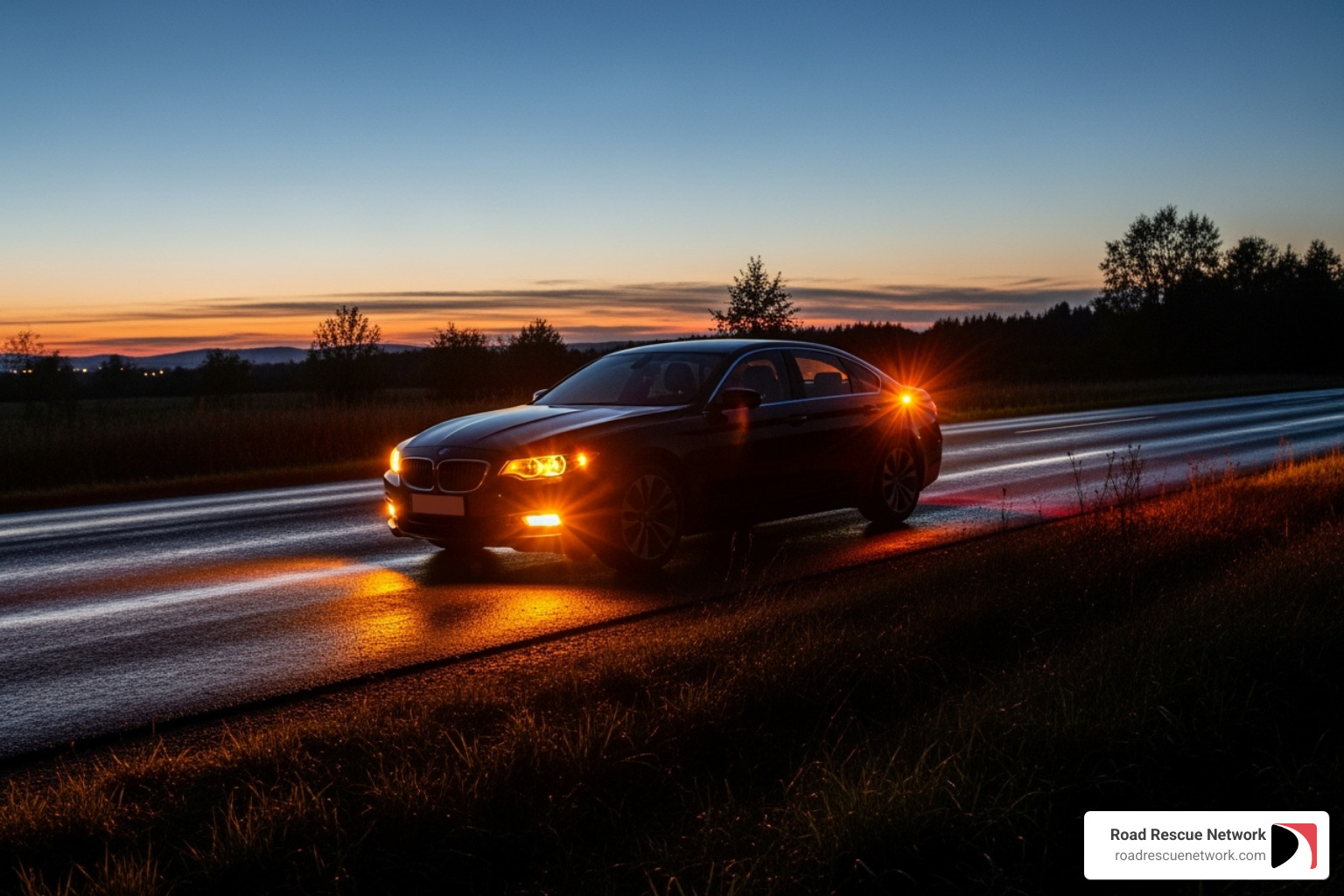 hazard lights flashing on a car at dusk - roadside assistance lebanon