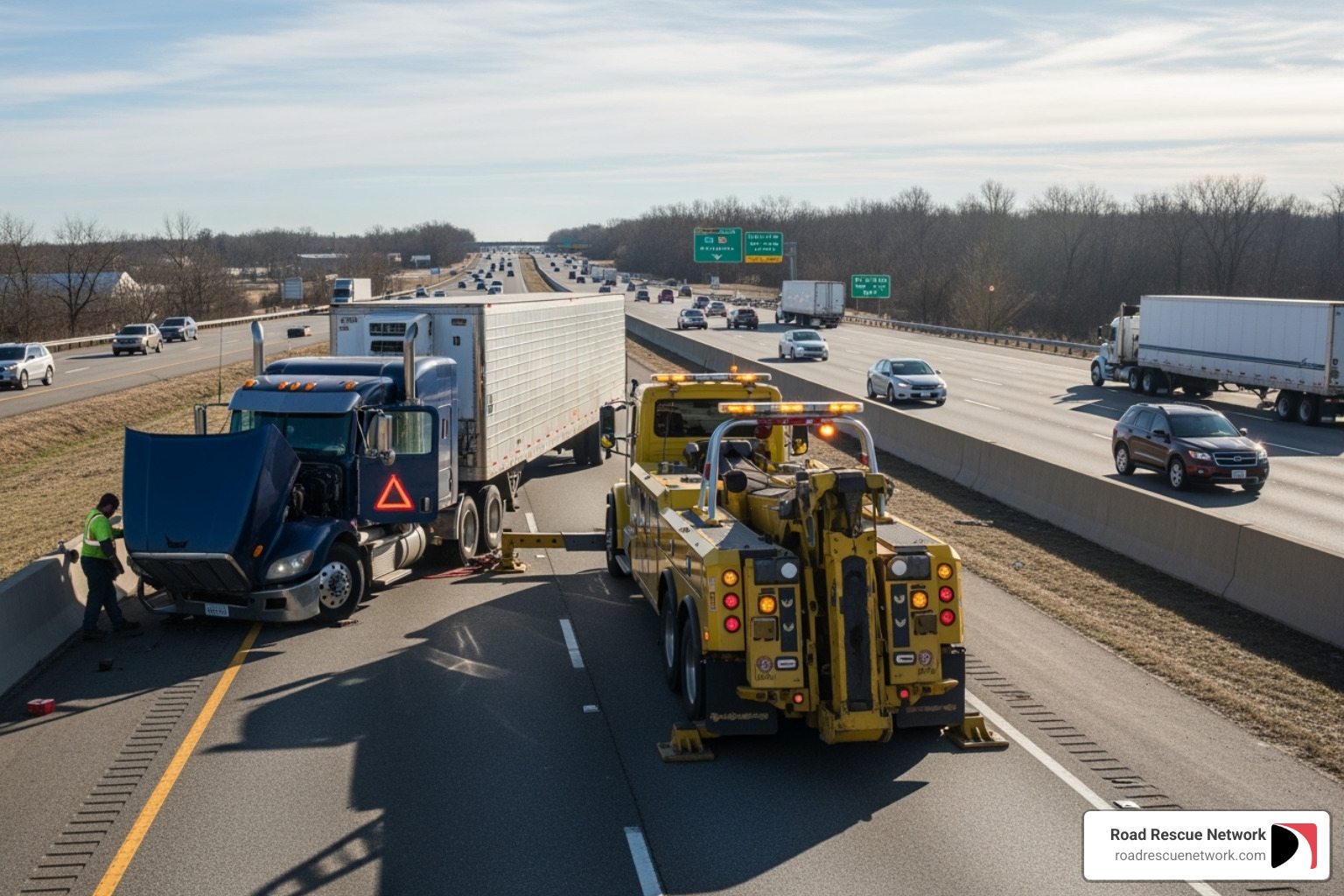 heavy-duty tow truck assisting a semi-trailer on a highway - roadside assistance lebanon