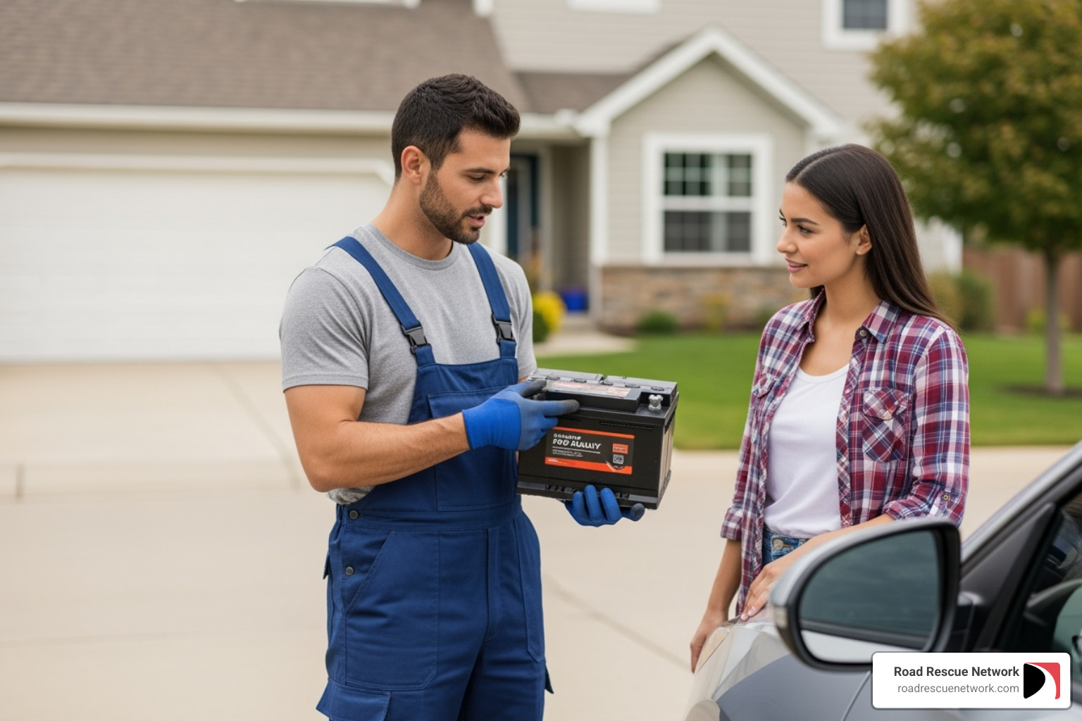 of a technician showing a customer a new, high-quality car battery - mobile battery service