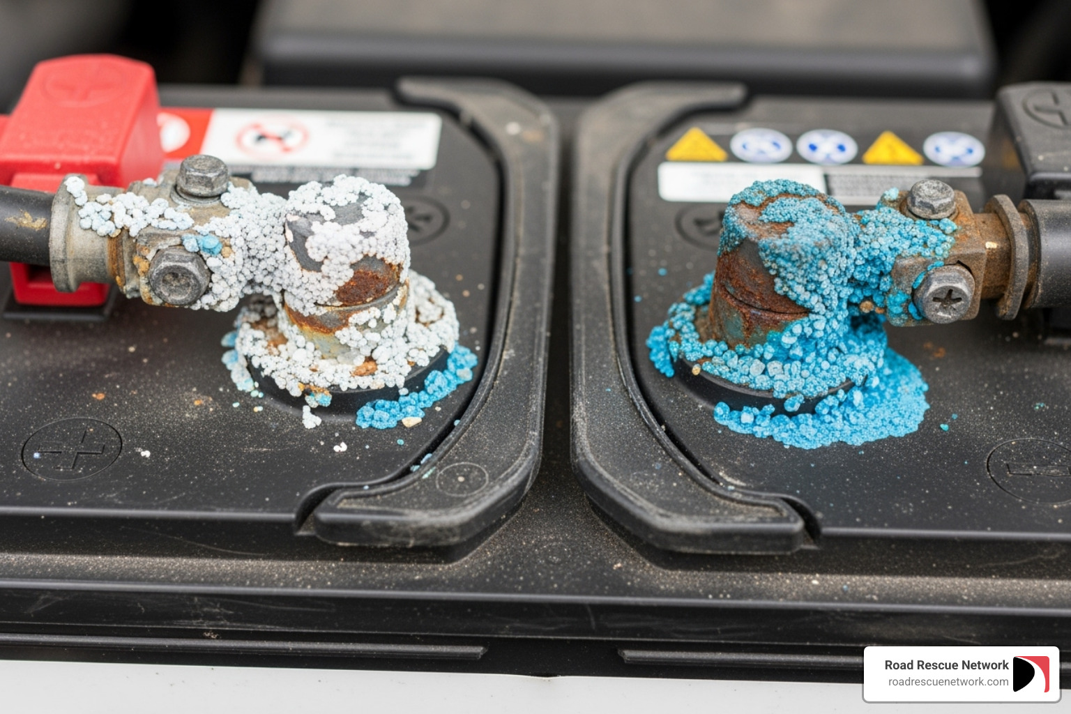 of a car battery with visible corrosion on the terminals - mobile battery service