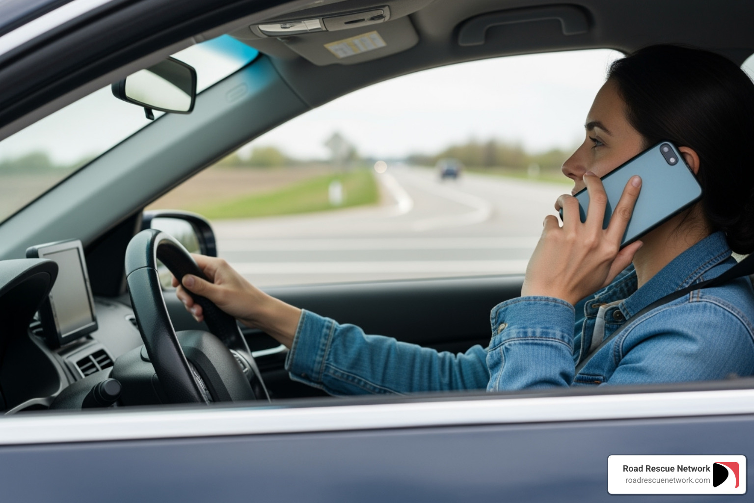 A driver safely on the phone inside their car on the shoulder of a road - roadside assistance antioch