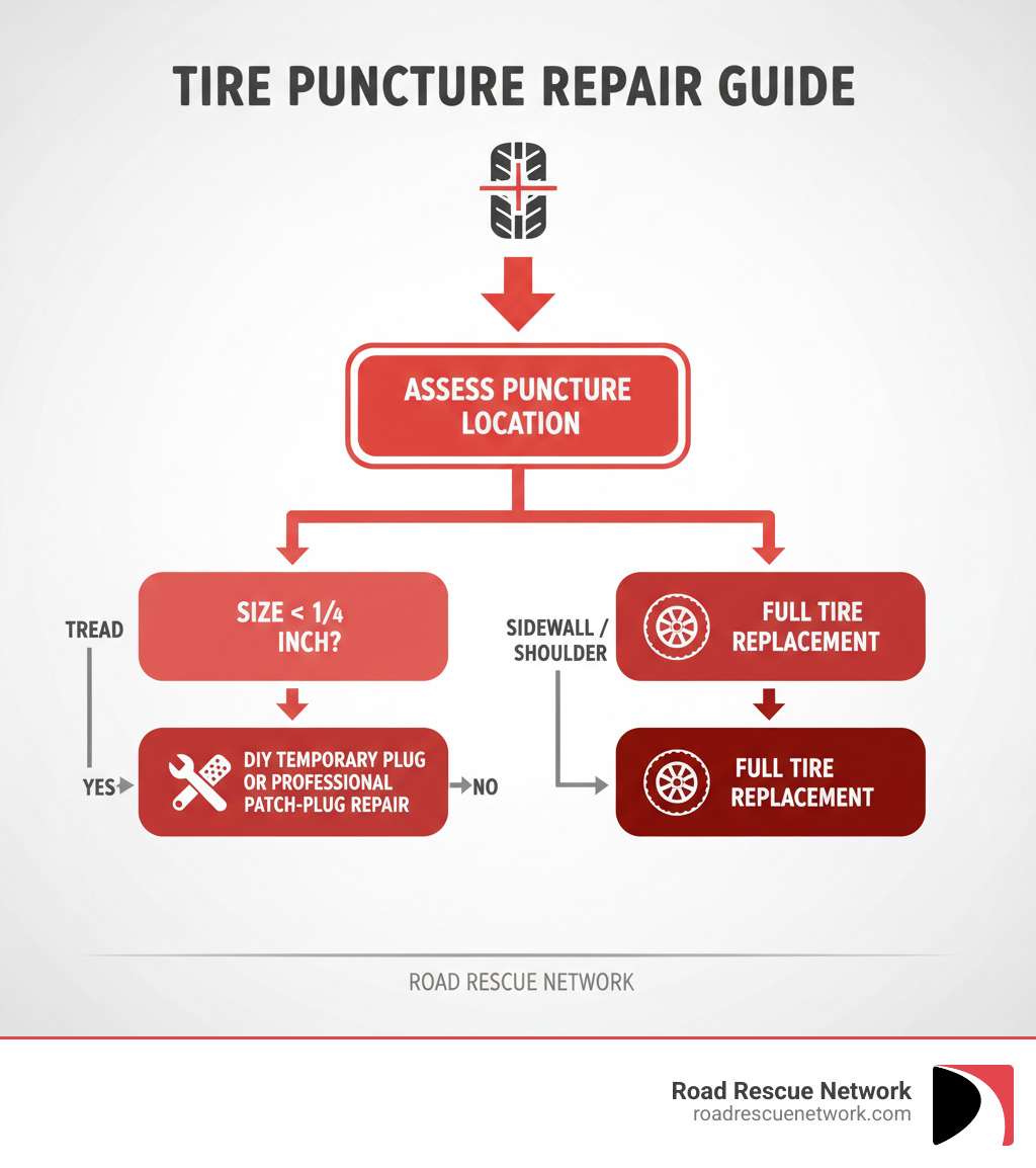 Infographic showing decision tree: First assess puncture location (tread vs sidewall), then size (under or over 1/4 inch), then choose between DIY temporary plug, professional patch-plug repair, or full tire replacement based on damage severity and location - tire puncture repair infographic Infographic showing decision tree: First assess puncture location (tread vs sidewall), then size (under or over 1/4 inch), then choose between DIY temporary plug, professional patch-plug repair, or full tire replacement based on damage severity and location - tire puncture repair infographic