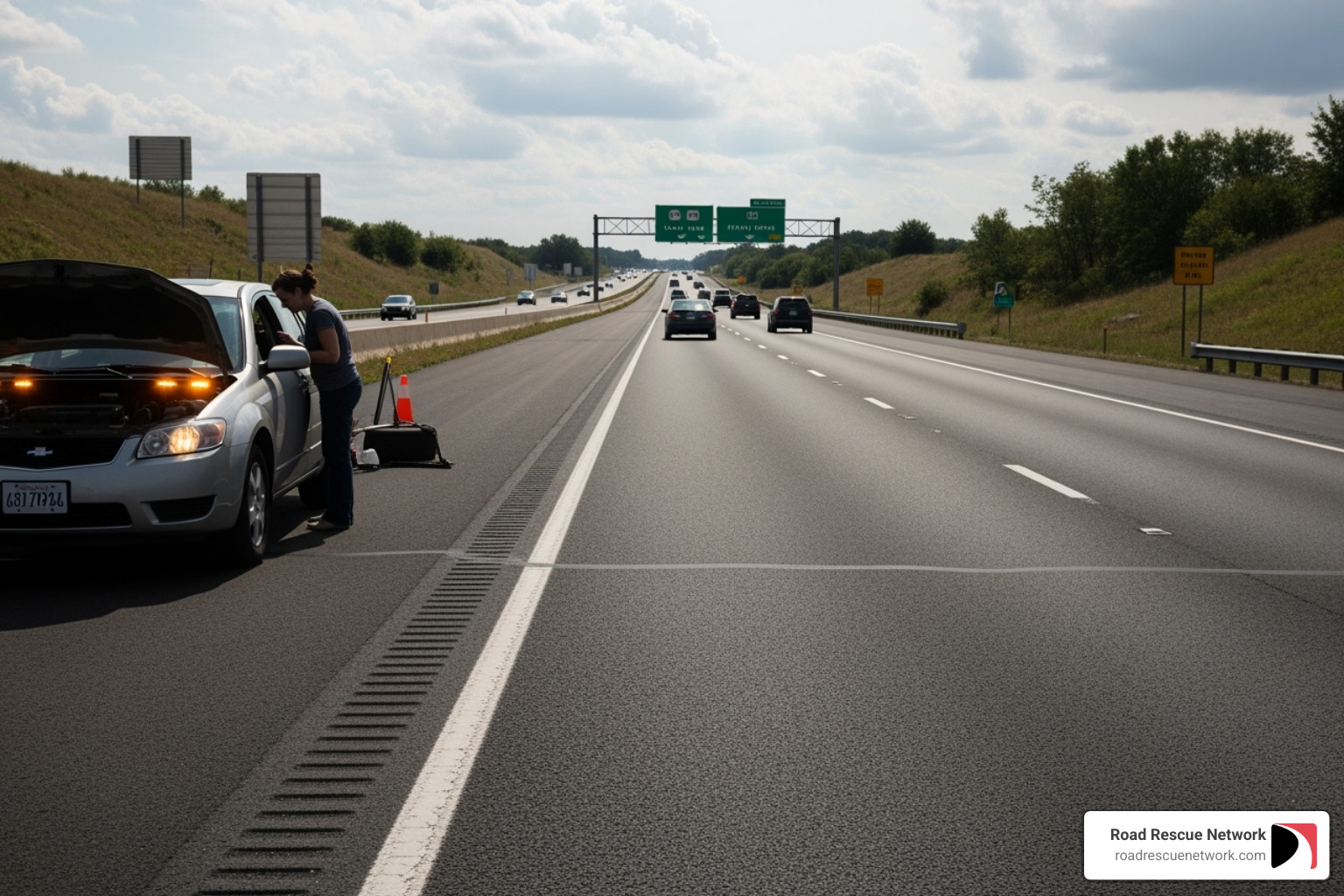 a driver safely pulled over on the shoulder with hazard lights on - tire puncture repair a driver safely pulled over on the shoulder with hazard lights on - tire puncture repair