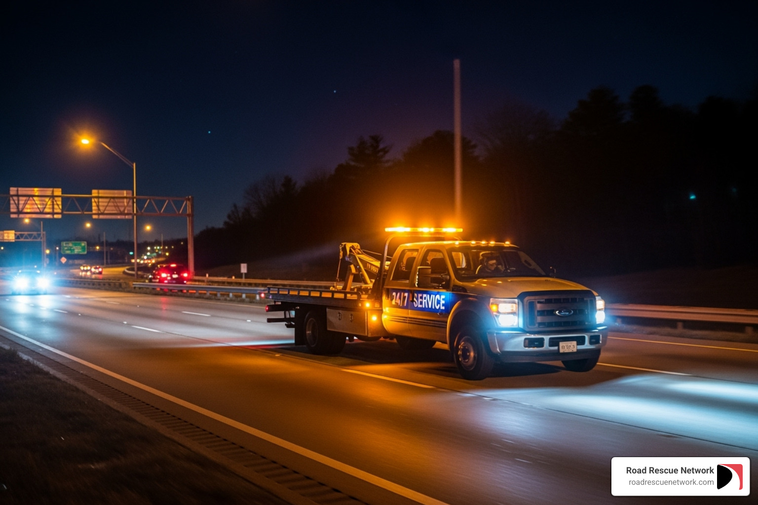 A roadside assistance service truck driving at night with "24/7 Service" visible on its side - roadside assistance ellington parkway nashville tn