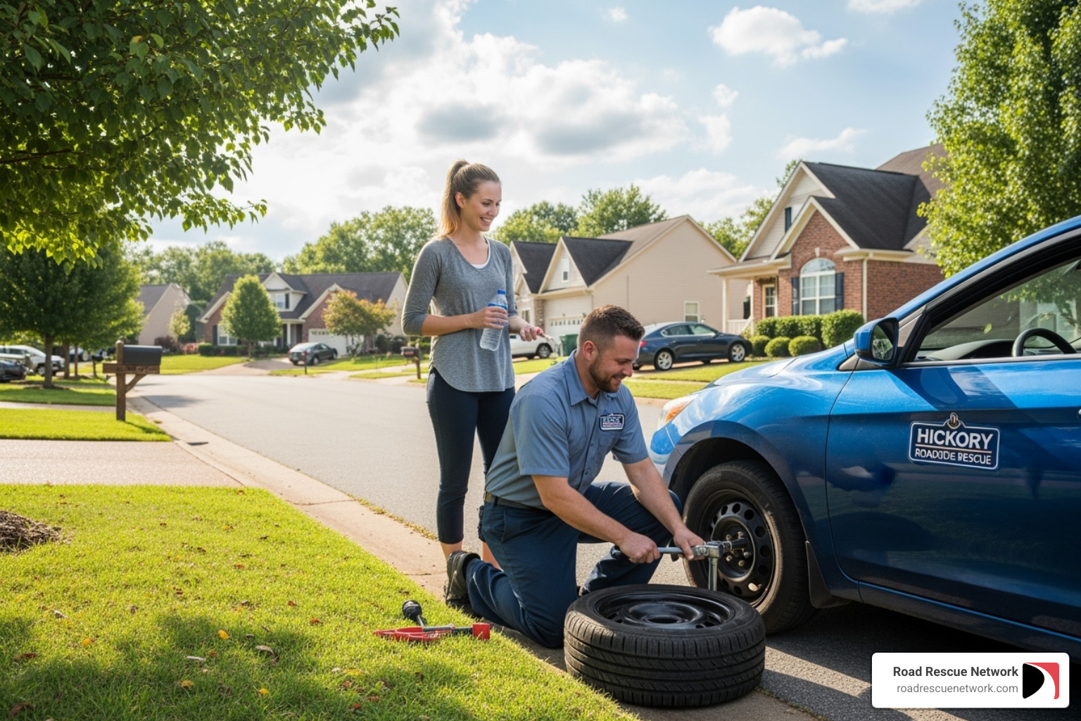 Friendly technician helping a driver with a flat tire in a local Old Hickory neighborhood setting - nashville roadside assistance old hickory tn
