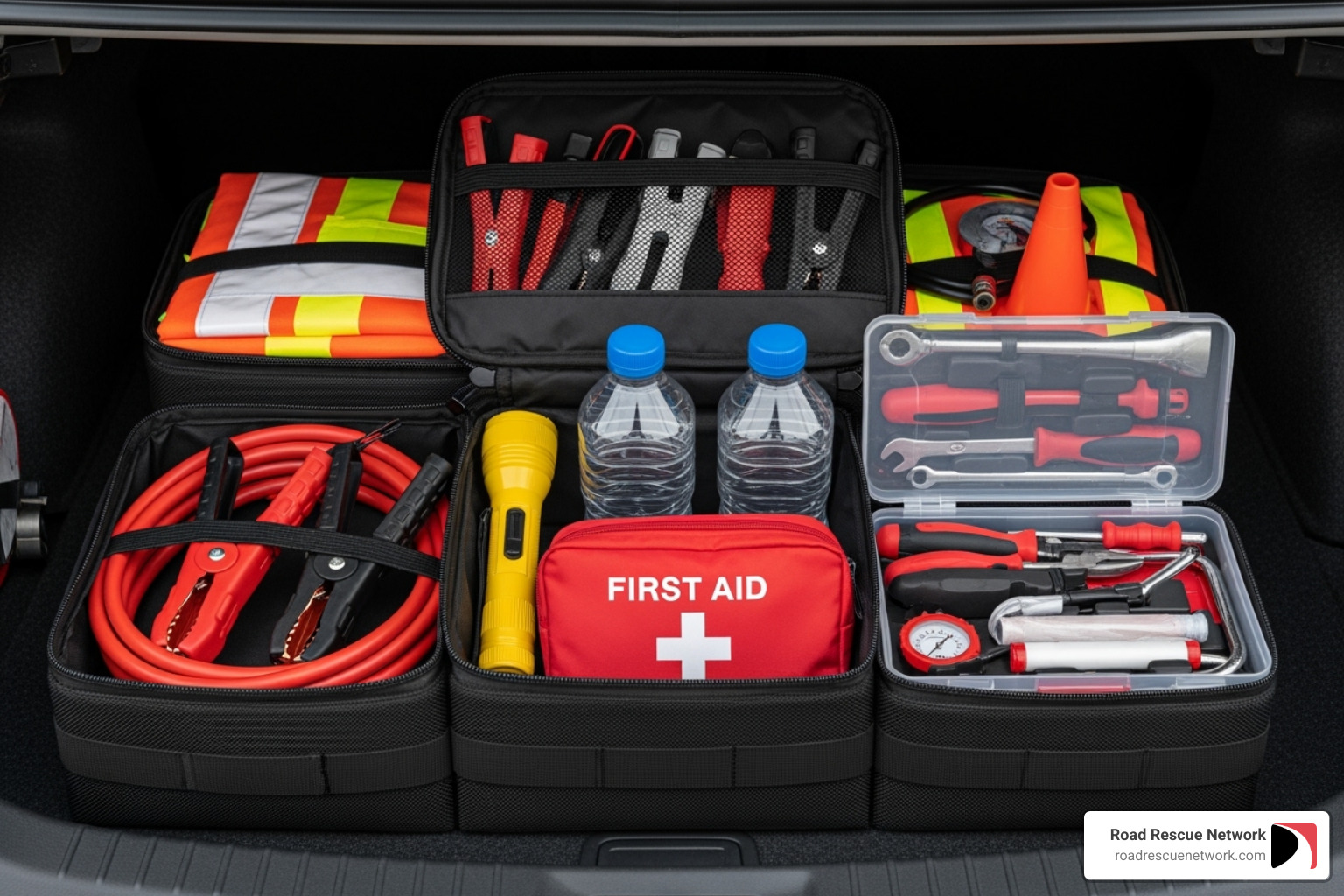 A well-stocked roadside emergency kit including jumper cables, flashlight, first-aid kit, water, and tools, neatly arranged in a car trunk - nashville roadside assistance old hickory tn