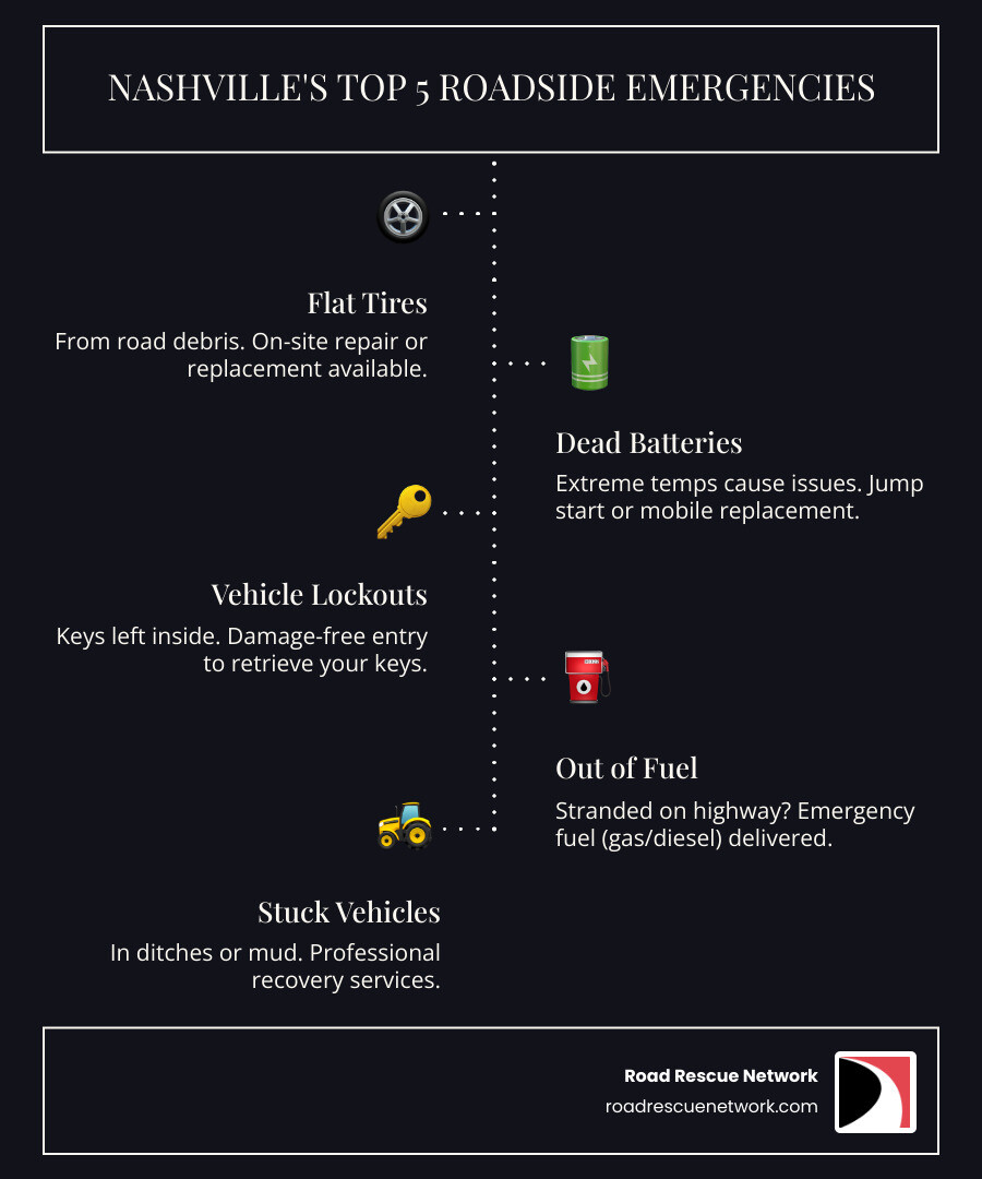 Infographic showing the 5 most common roadside emergencies in Nashville: flat tires from road debris, dead batteries in extreme temperatures, lockouts from keys left inside, running out of fuel on highways, and vehicles stuck in ditches or mud, with average response times and quick tips for each - nashville's roadside assistance nashville tn infographic infographic-line-5-steps-dark