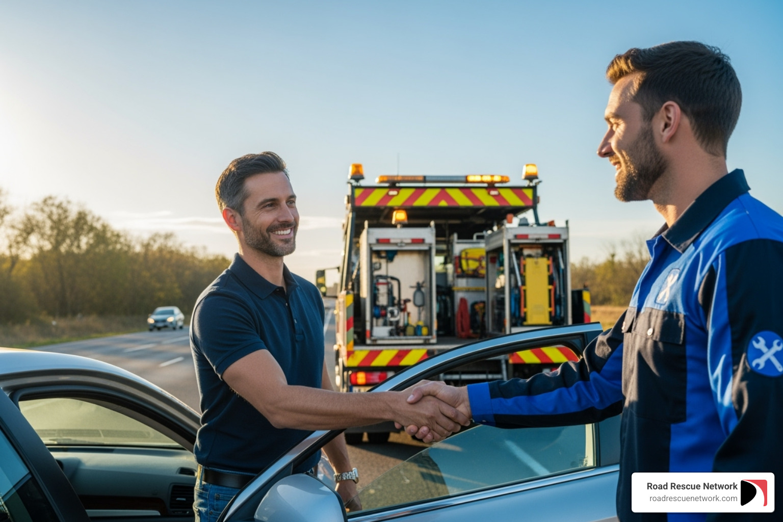 A driver smiling and shaking hands with a roadside assistance technician after a successful service - nashville's roadside assistance nashville tn