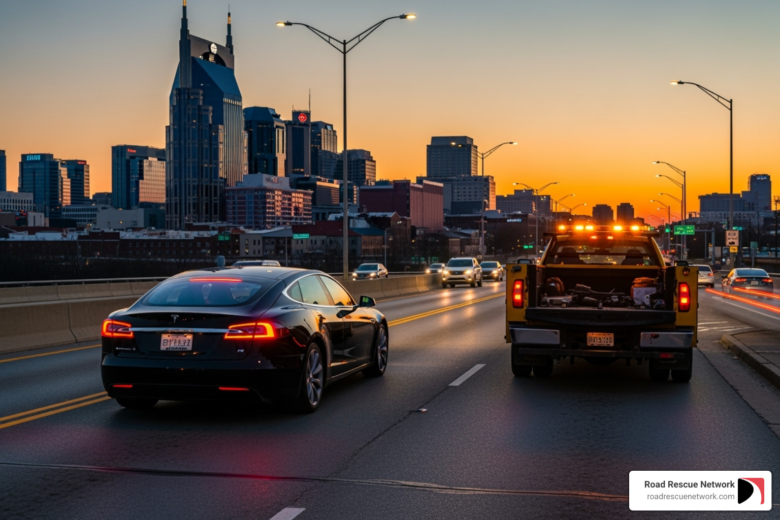 A car driving away from a service truck on a Nashville street at sunset, back on its journey - nashville's roadside assistance nashville tn