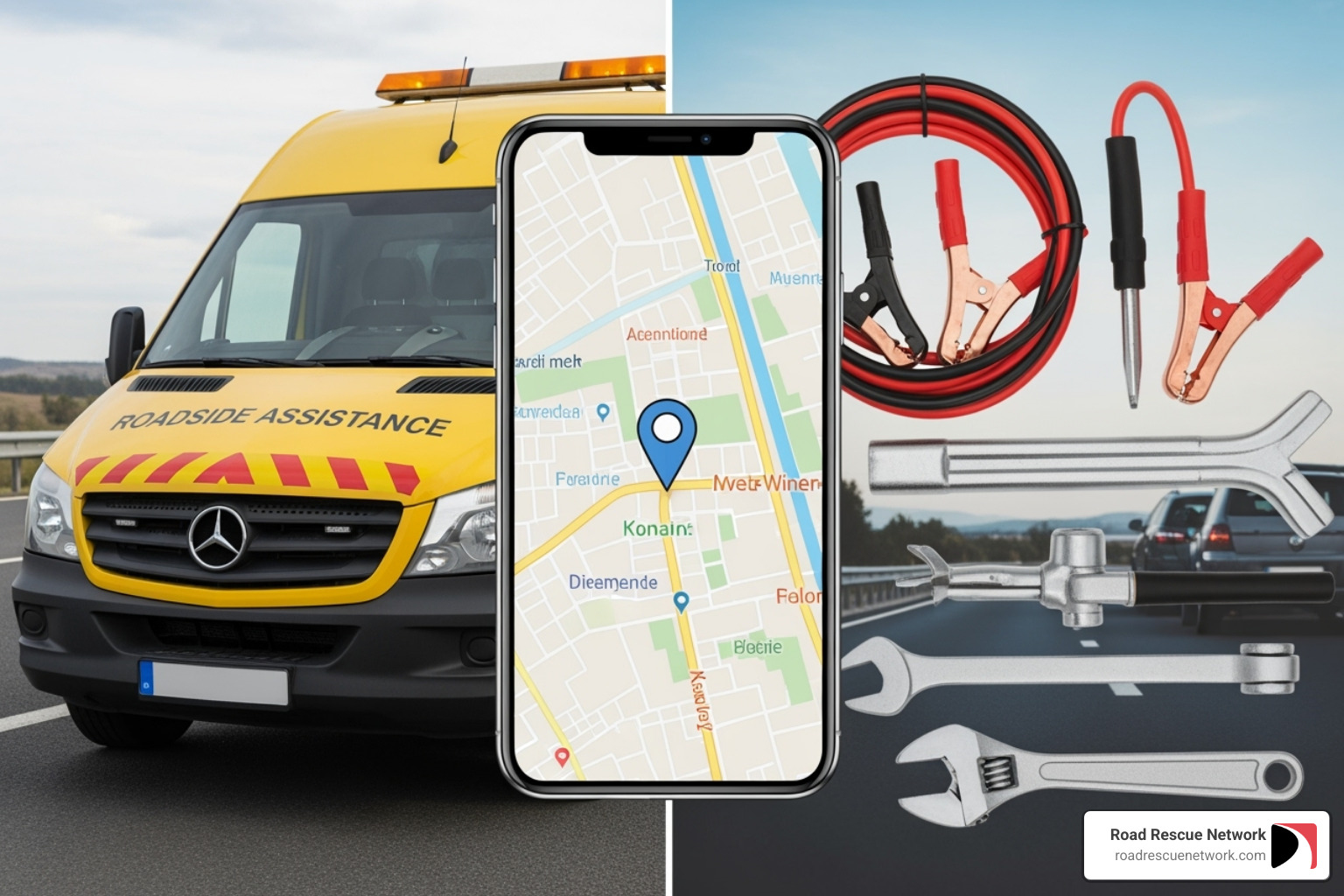 A collage showing a smartphone displaying the Road Rescue Network logo, a Road Rescue Network service vehicle, and a variety of roadside assistance tools like jumper cables and tire irons. - roadside assistance madison