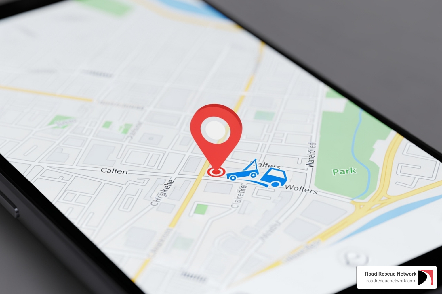 A close-up of a smartphone screen showing a map of Madison, WI, with a pin marking the user's location and an icon for a nearby roadside assistance vehicle. - roadside assistance madison