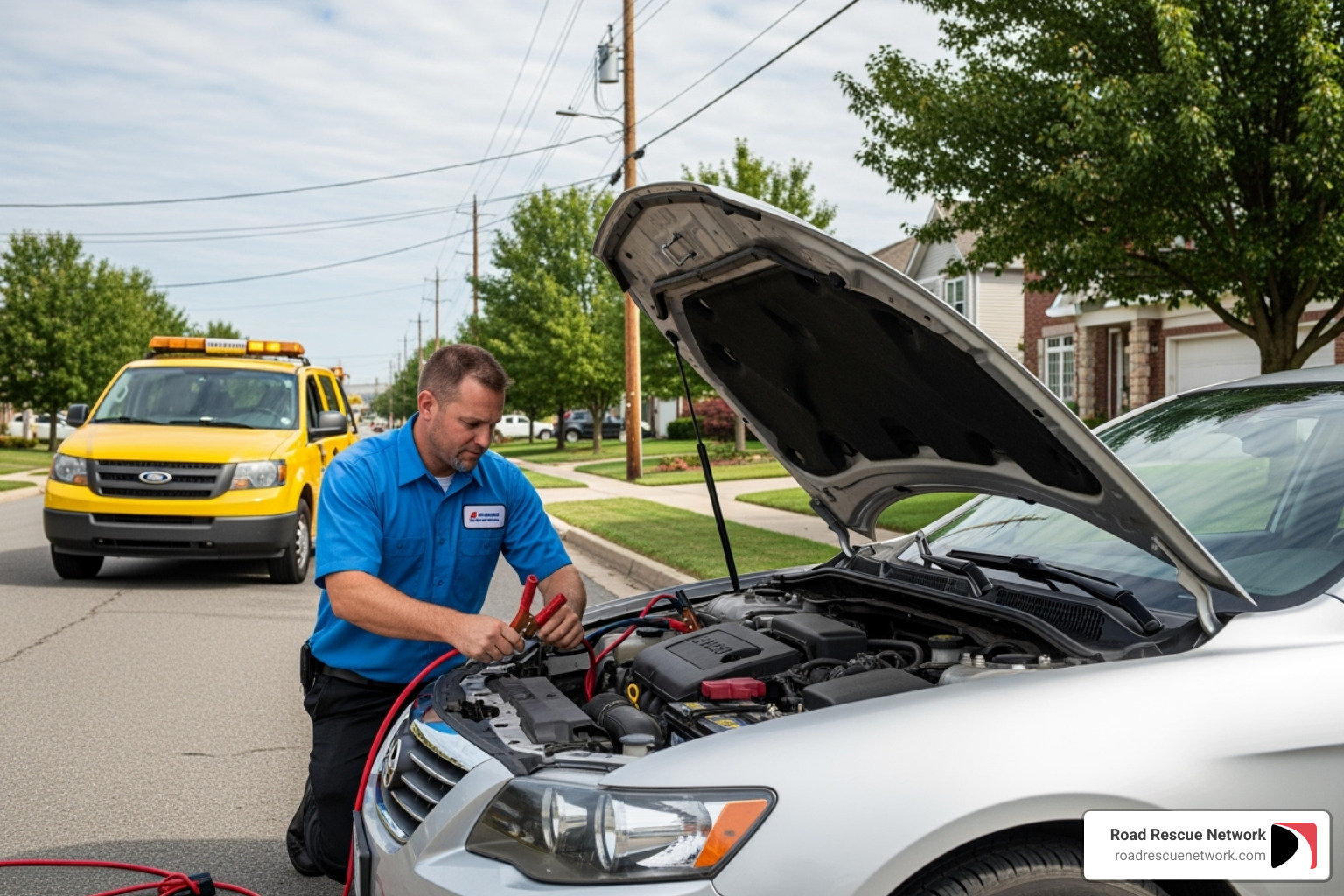 A roadside technician connects jumper cables to a car battery in a Madison neighborhood, demonstrating a common roadside assistance service. - roadside assistance madison