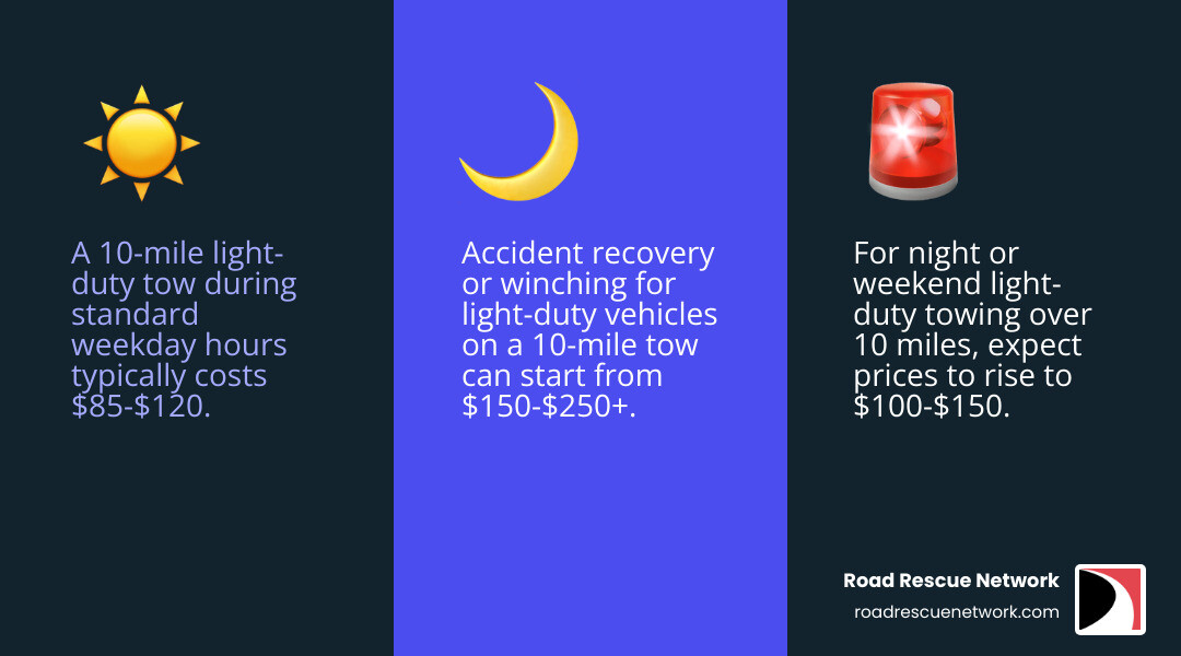 TABLE comparing estimated costs for a 10-mile tow in different scenarios (day, night, accident) - tow companies infographic 3_facts_emoji_blue