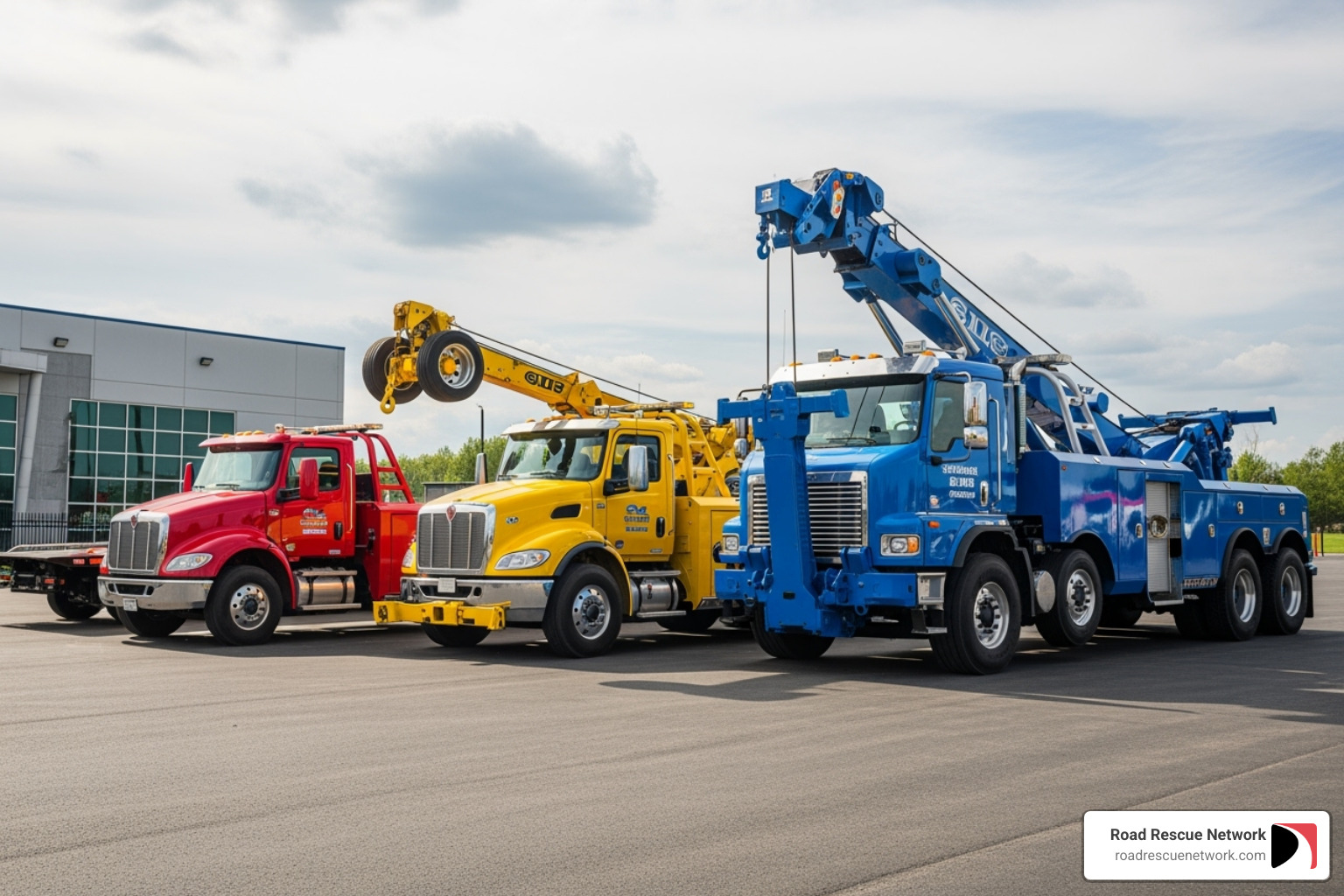 different tow trucks: a flatbed, a wheel-lift, and a heavy-duty wrecker - tow companies