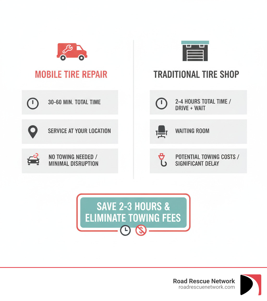 Infographic comparing mobile tire repair versus traditional tire shop: Mobile shows 30-60 minute total time with service at your location, no towing needed, and minimal schedule disruption. Traditional shop shows 2-4 hour total time including drive time and waiting room, potential towing costs, and significant day interruption. Mobile tire repair saves an average of 2-3 hours and eliminates towing fees. - mobile tire repair nashville infographic 