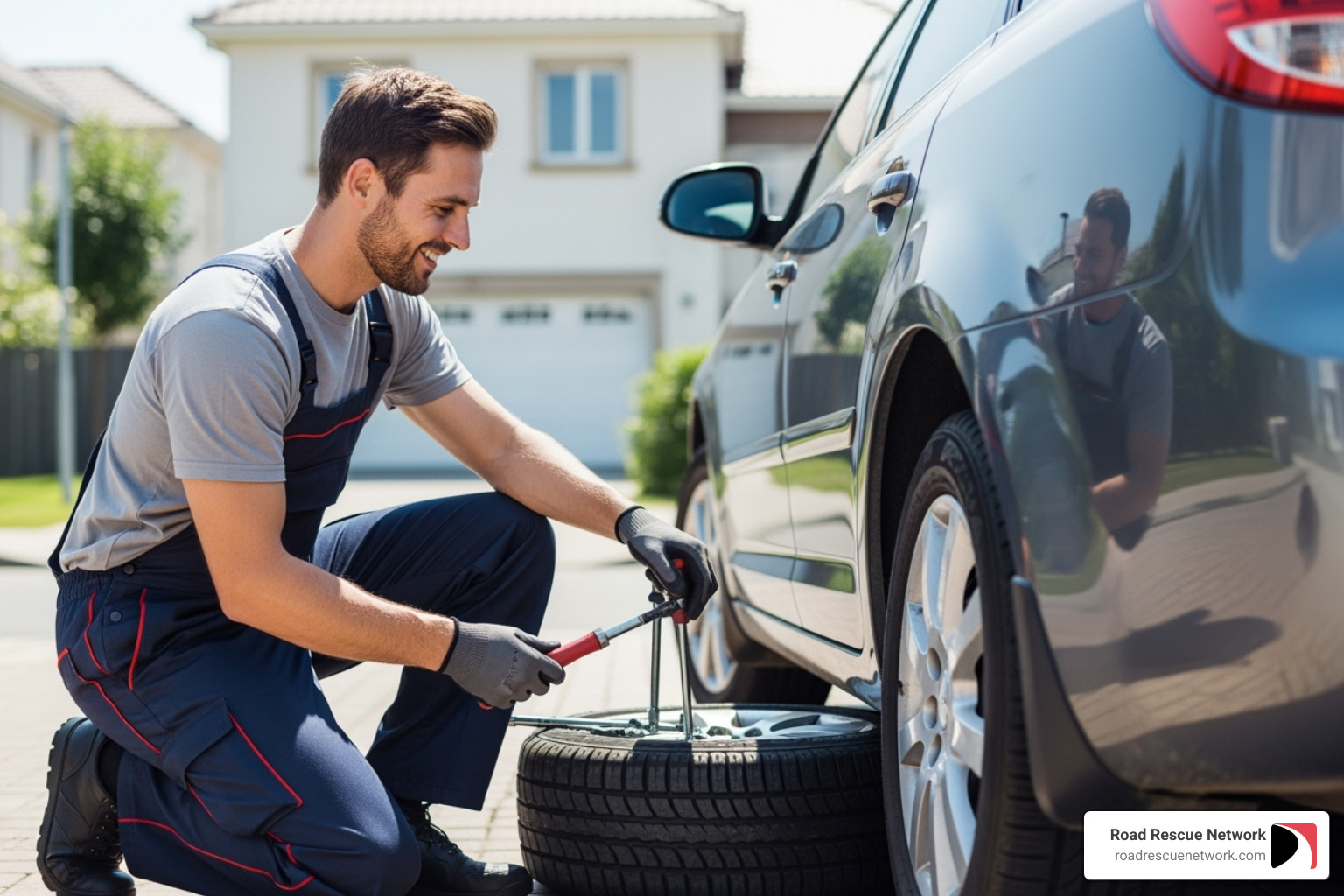 A friendly technician performing a mobile tire repair at a customer's home - mobile tire repair nashville