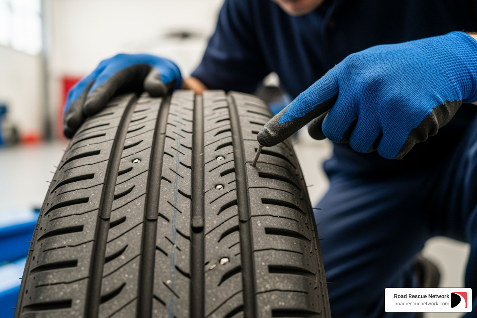 A tire with a nail puncture being inspected by a technician - mobile tire repair nashville