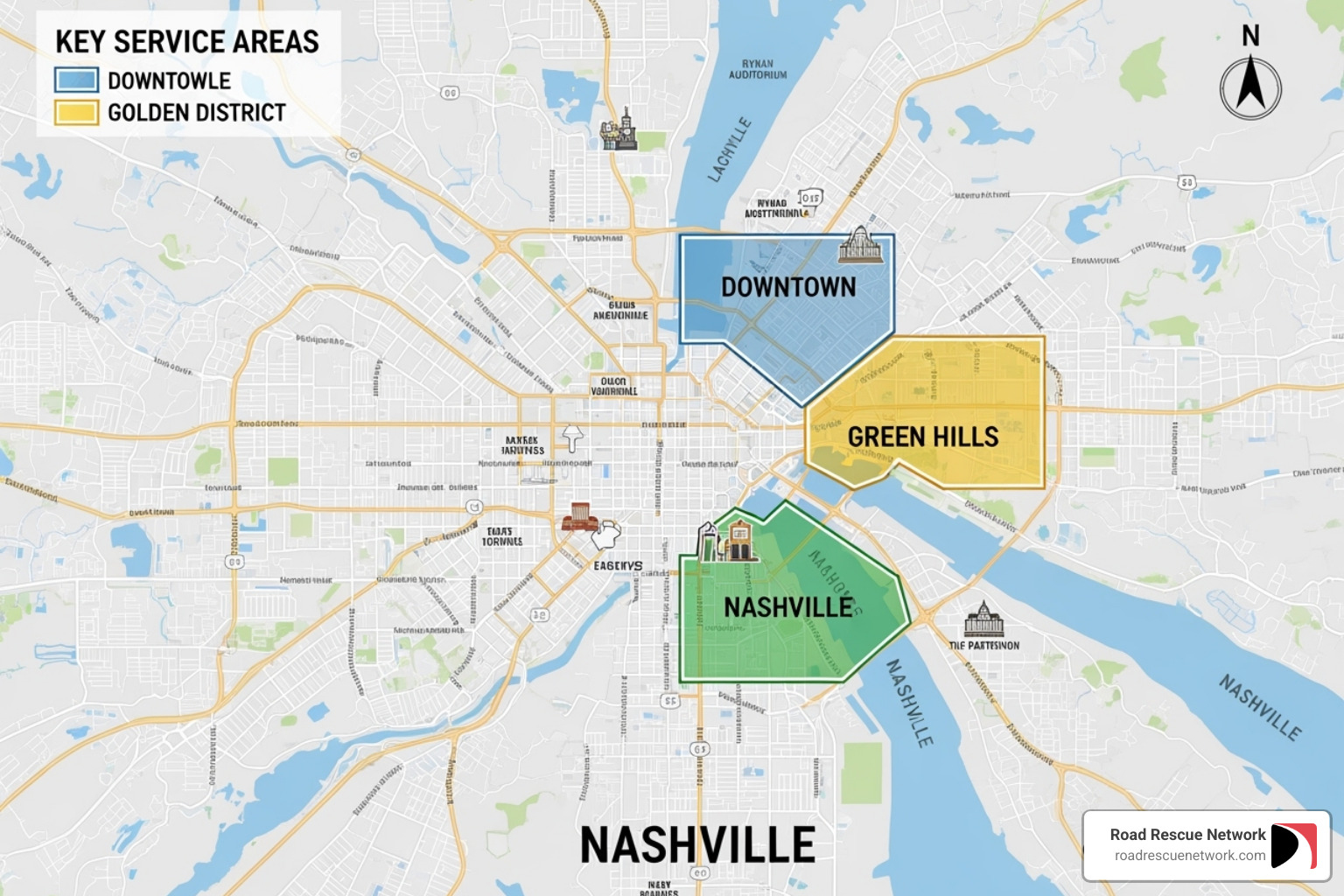 A map of Nashville highlighting key service areas like Downtown, East Nashville, and Green Hills - mobile tire repair nashville