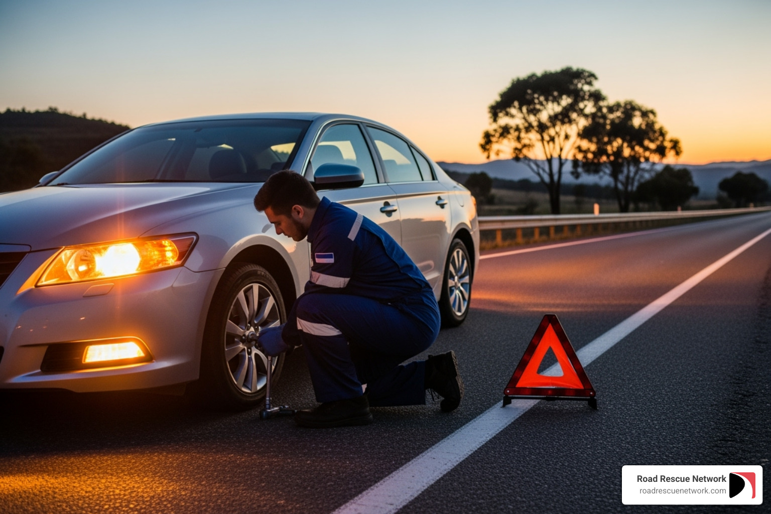 A service professional changing a flat tire on the side of the road - roadside assistance germantown A service professional changing a flat tire on the side of the road - roadside assistance germantown