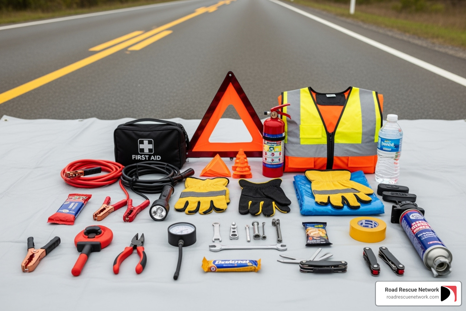 A well-stocked roadside emergency kit laid out - roadside assistance germantown A well-stocked roadside emergency kit laid out - roadside assistance germantown