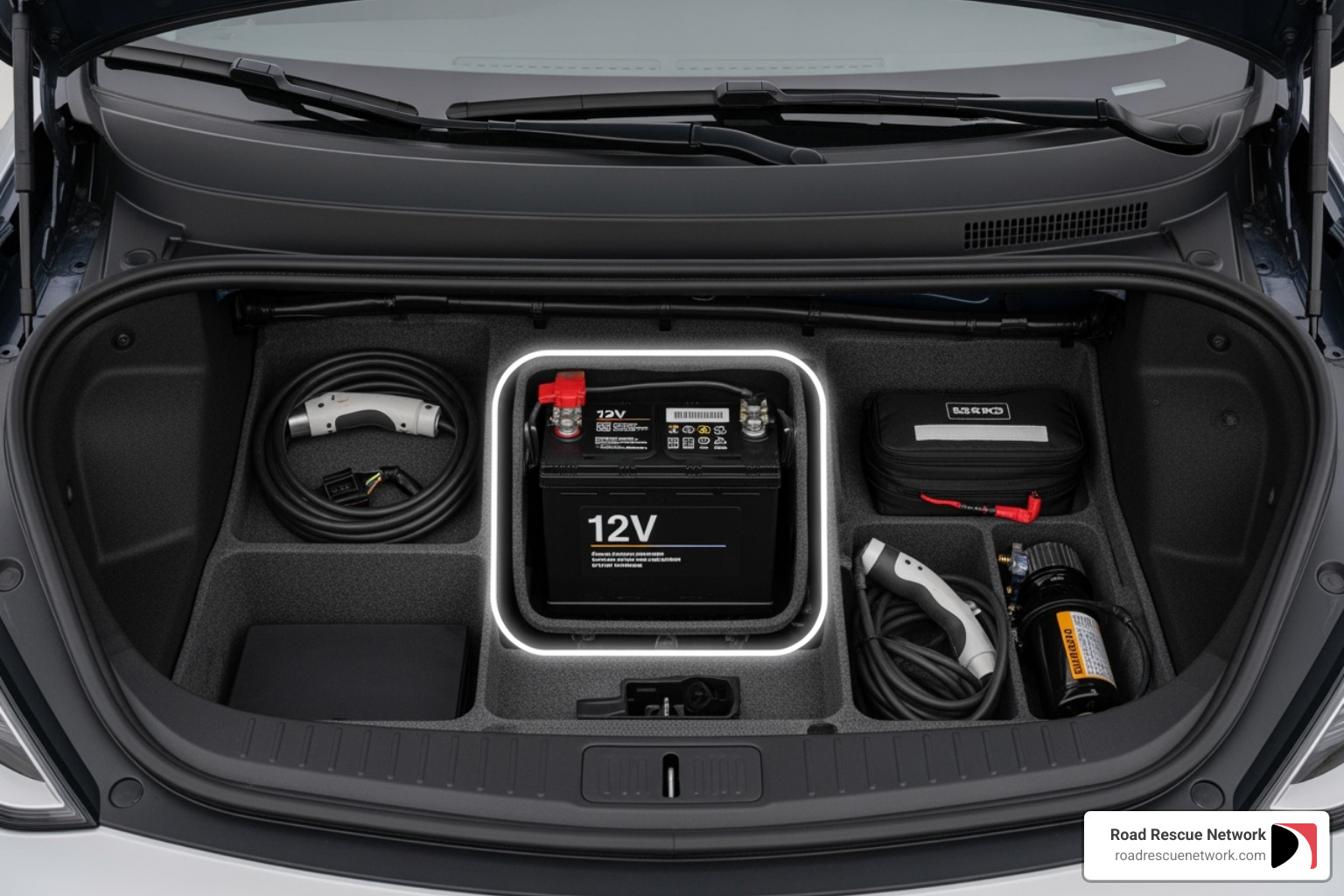 EV's engine bay highlighting the 12-volt battery - car battery jump