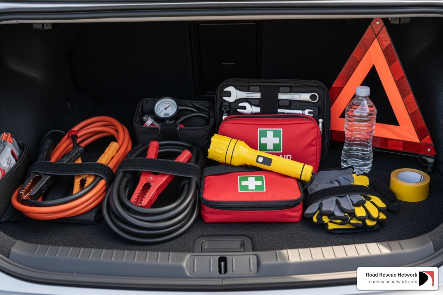 Well-organized roadside emergency kit in a car trunk - roadside assistance brentwood tn Well-organized roadside emergency kit in a car trunk - roadside assistance brentwood tn